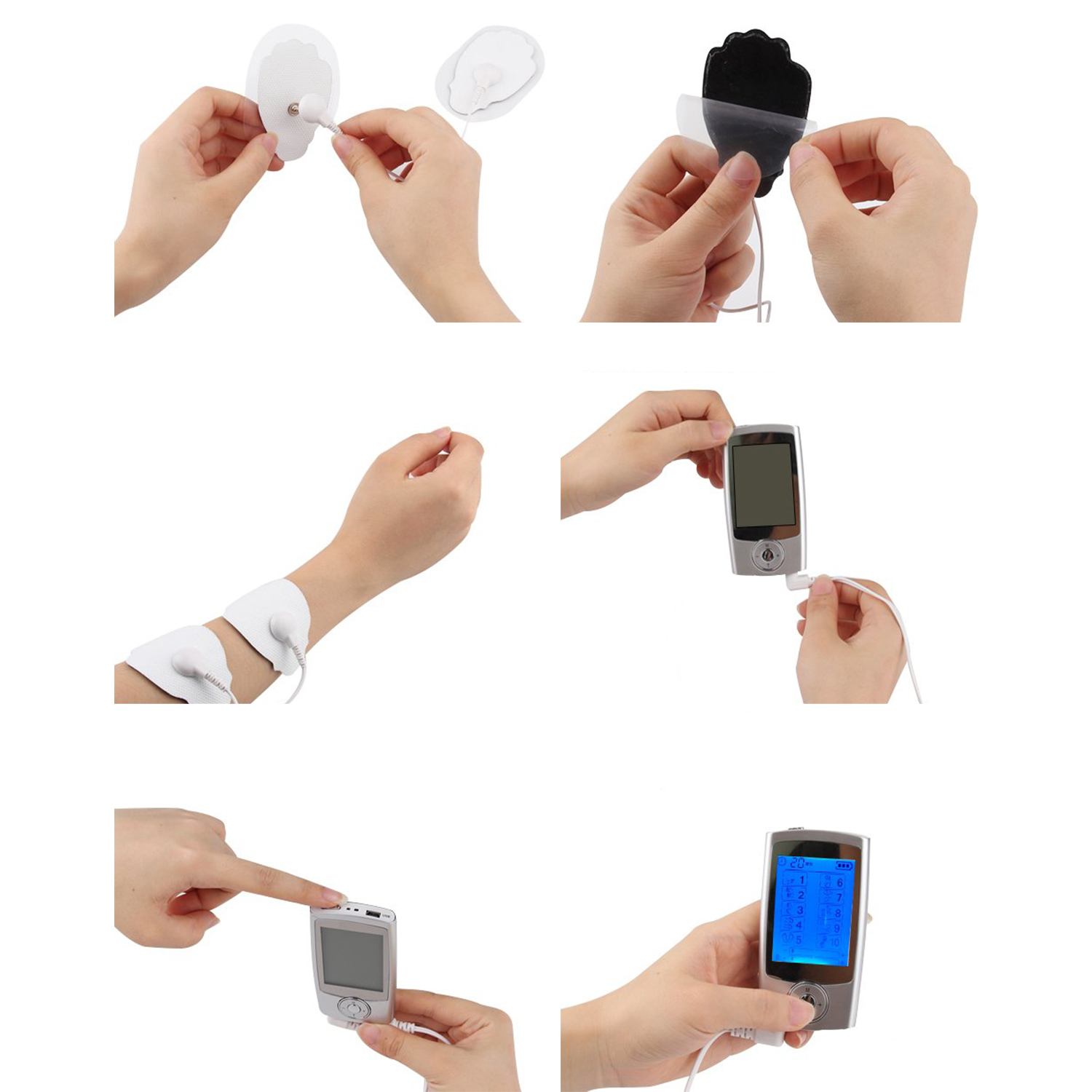 Mani che collegano i cuscinetti a uno stimolatore muscolare elettrico e a un polso.