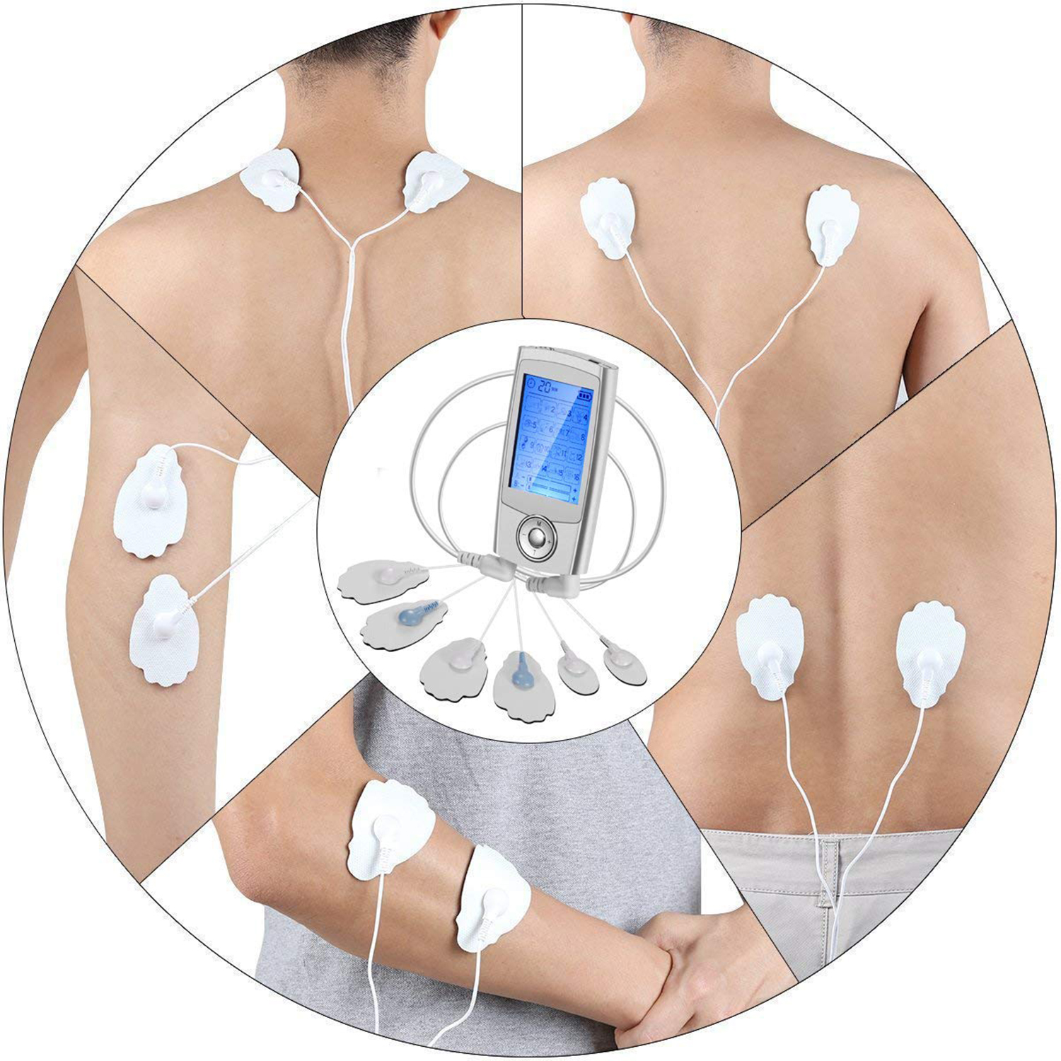 Elektrischer Muskelstimulator mit am Körper befestigten Pads. Grauer Hintergrund.