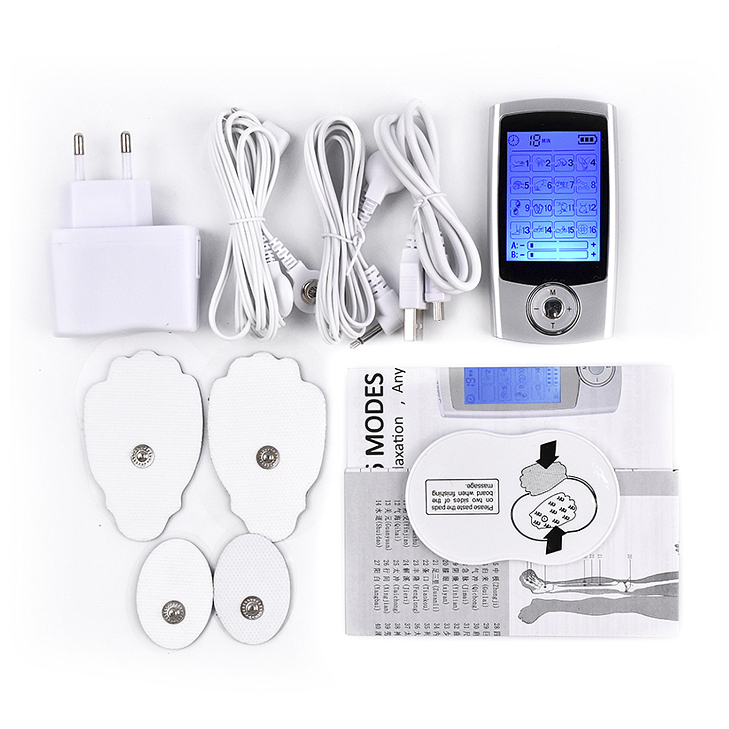 Ein elektrischer Muskelstimulator mit Zubehör: Pads, Kabel, Ladegerät und Anweisungen.