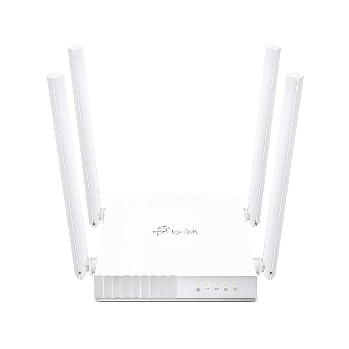 Ein weißer TP-Link-Router mit Antennen, zeigt die Vorderseite mit Kontrollleuchten.