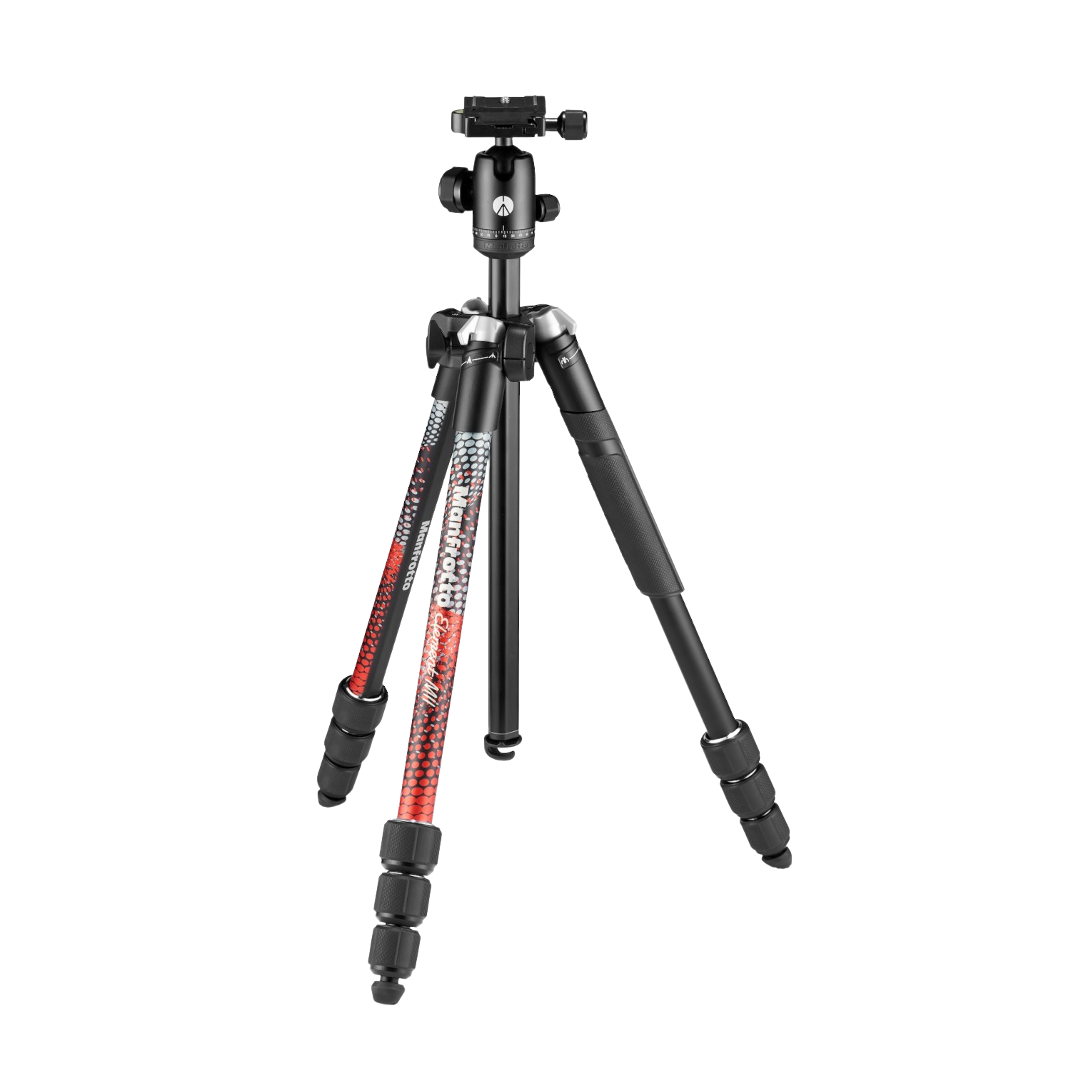 Czarny statyw, z czerwonymi i białymi akcentami na nogach. Czarne tło.