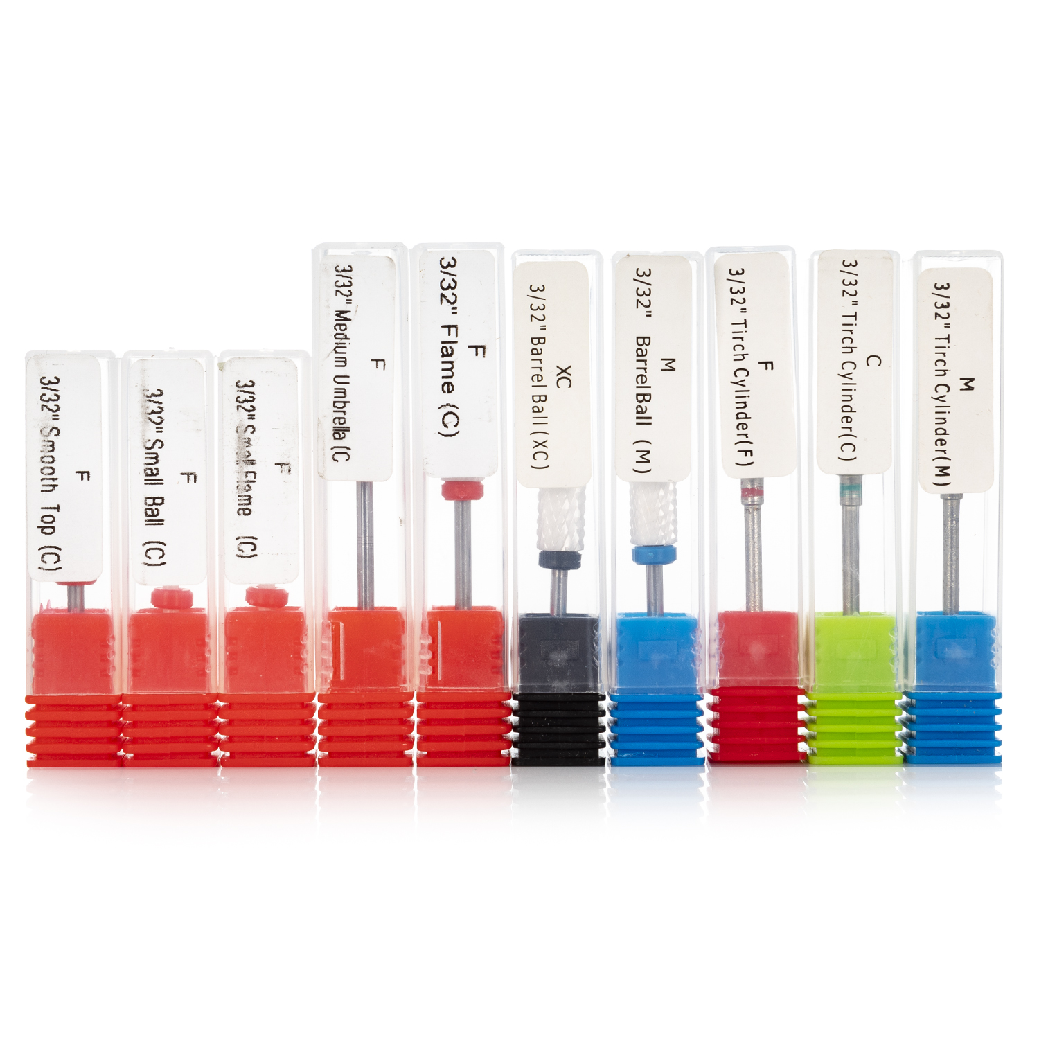 Punte per trapano per unghie in custodie trasparenti con vari colori, forme diverse.