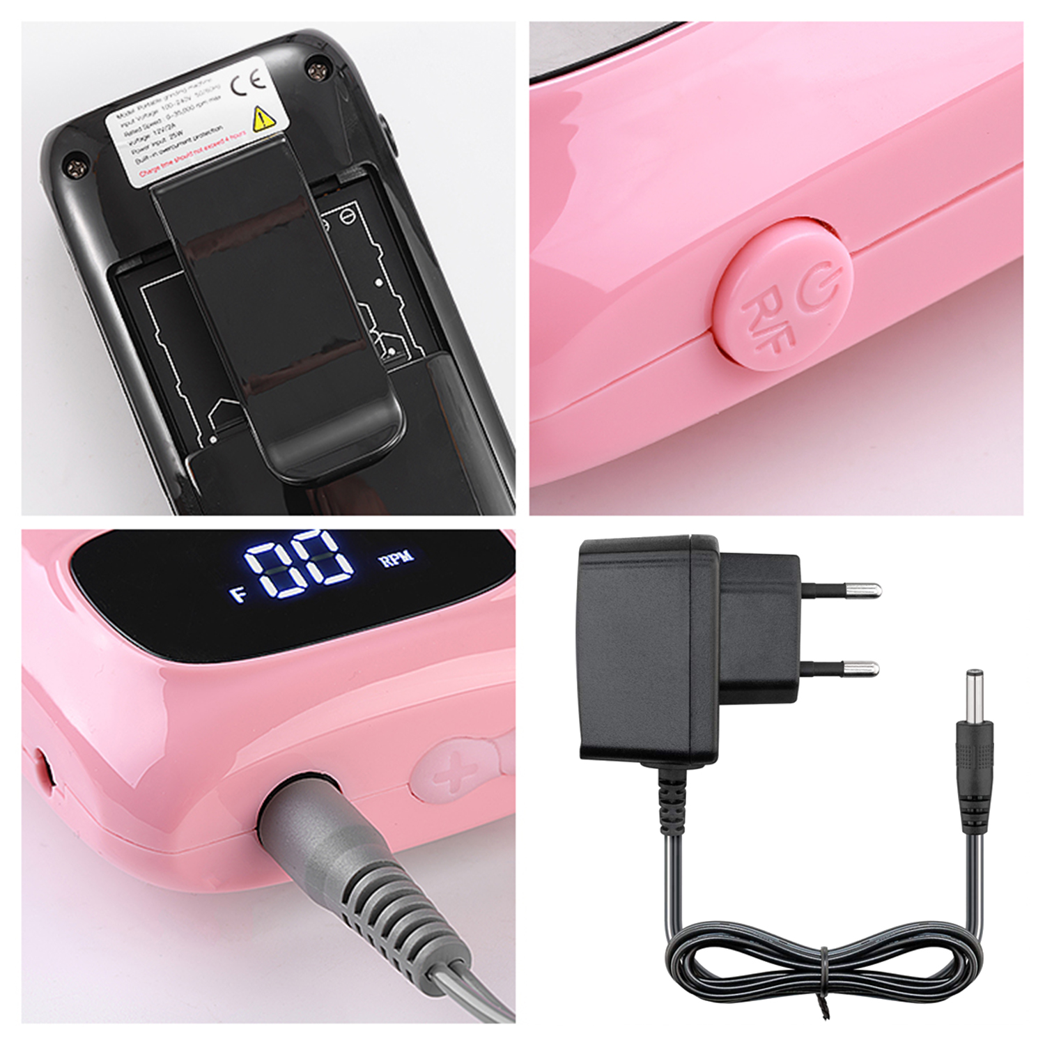 Primi piani di trapano per manicure rosa, vano batteria e caricabatterie.
