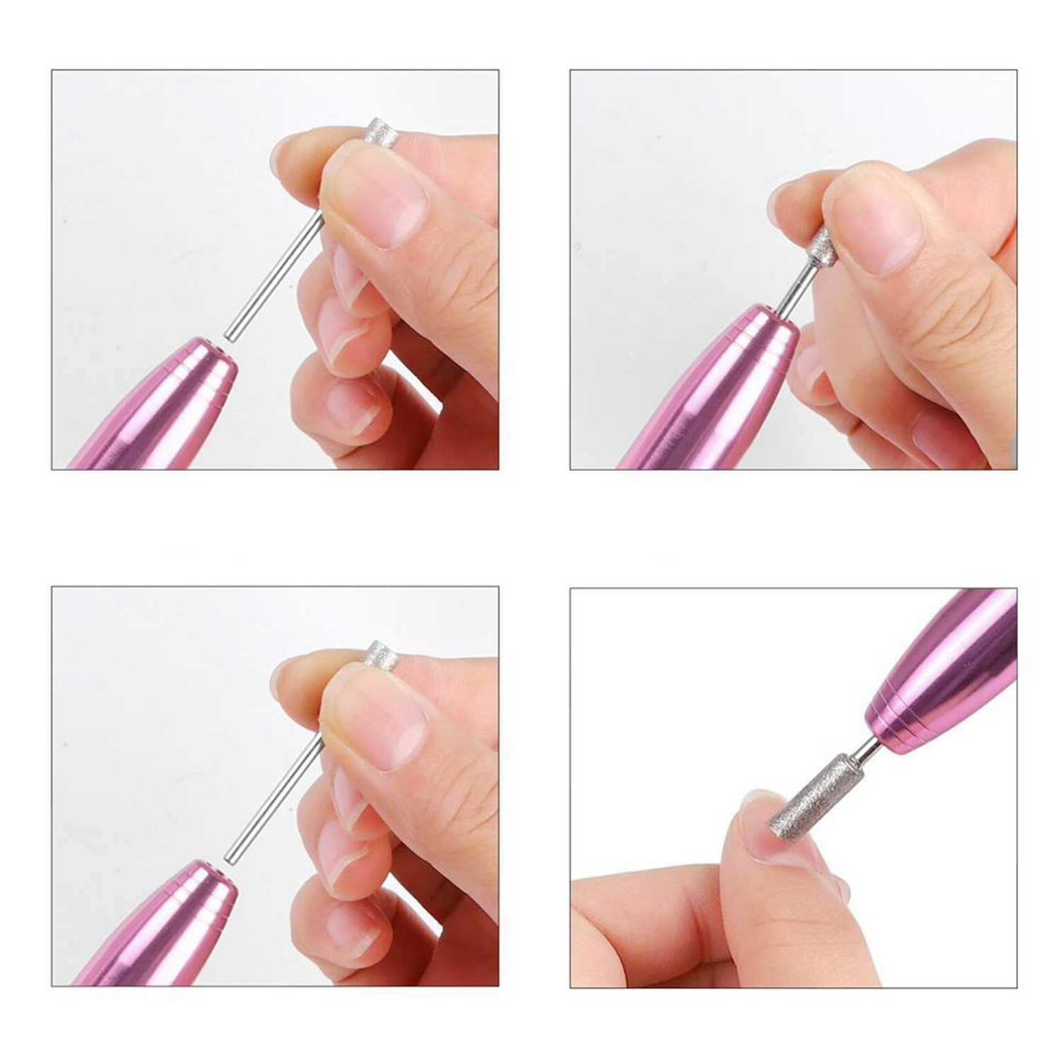 Cuatro imágenes que muestran el proceso de fijación de una broca a una lima de uñas rosa.