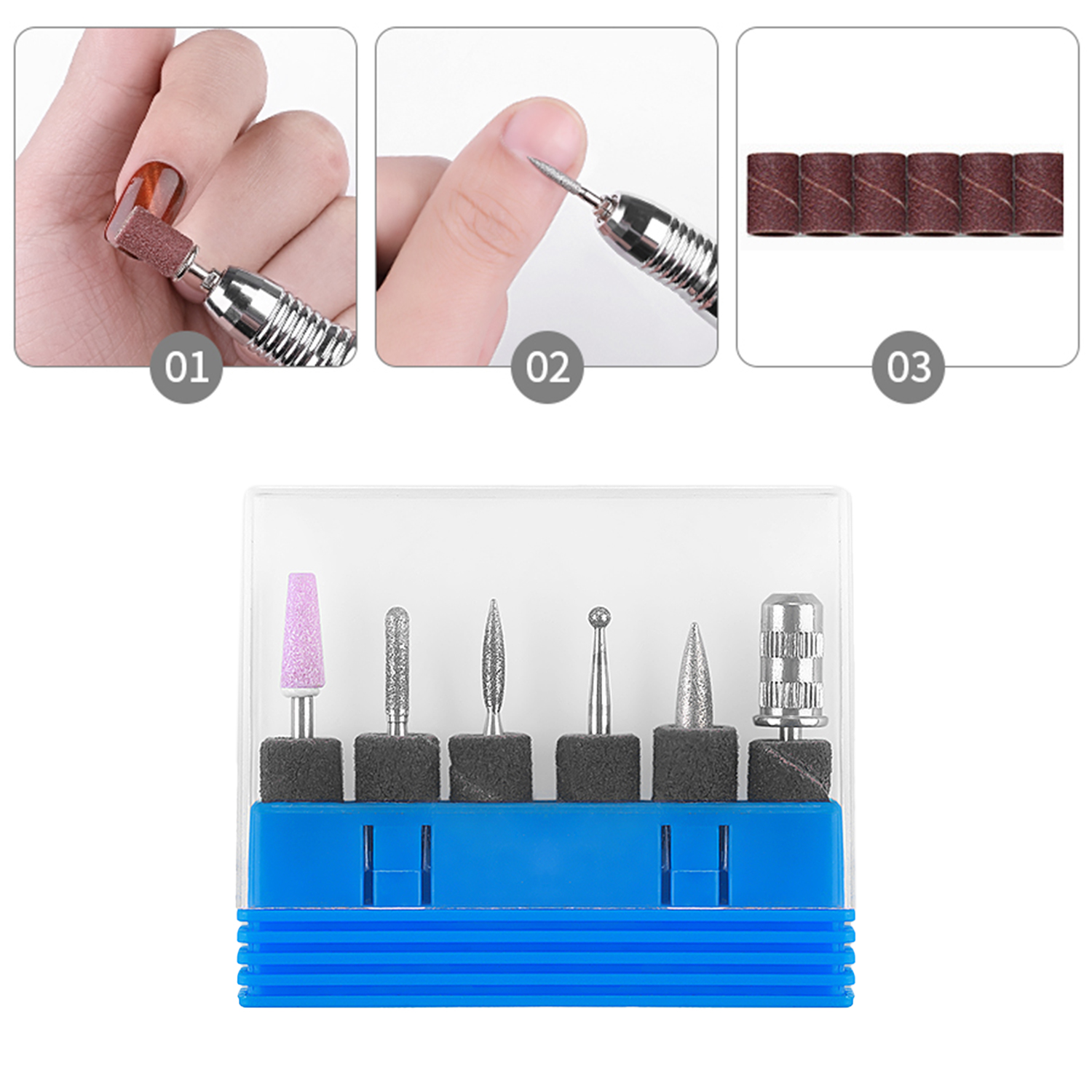 Punte per trapano per unghie e una mano che lima un'unghia. Le punte sono per manicure e pedicure.
