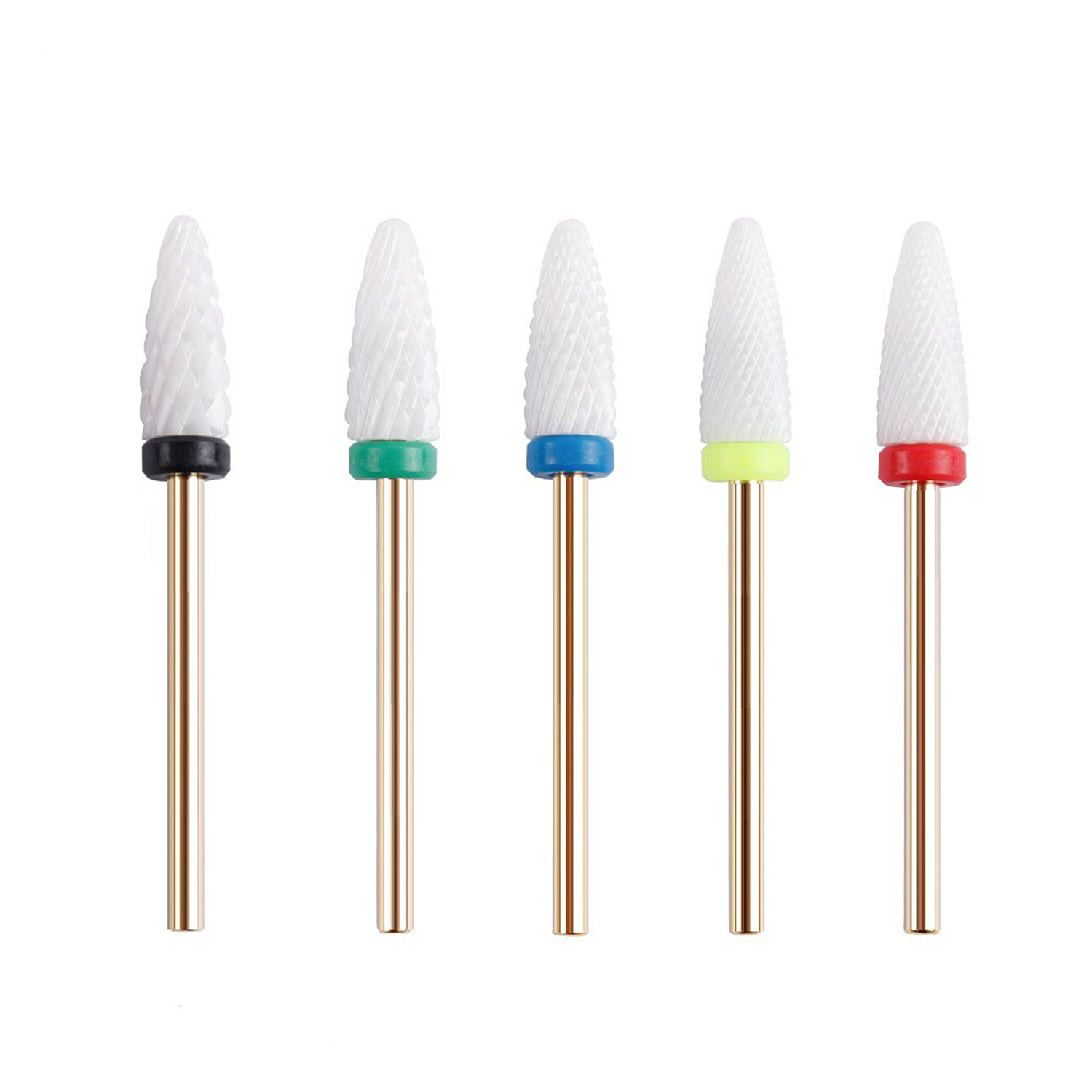 Cinco brocas de uñas blancas con vástagos dorados y bandas de diferentes colores: negro, verde, azul, amarillo y rojo.