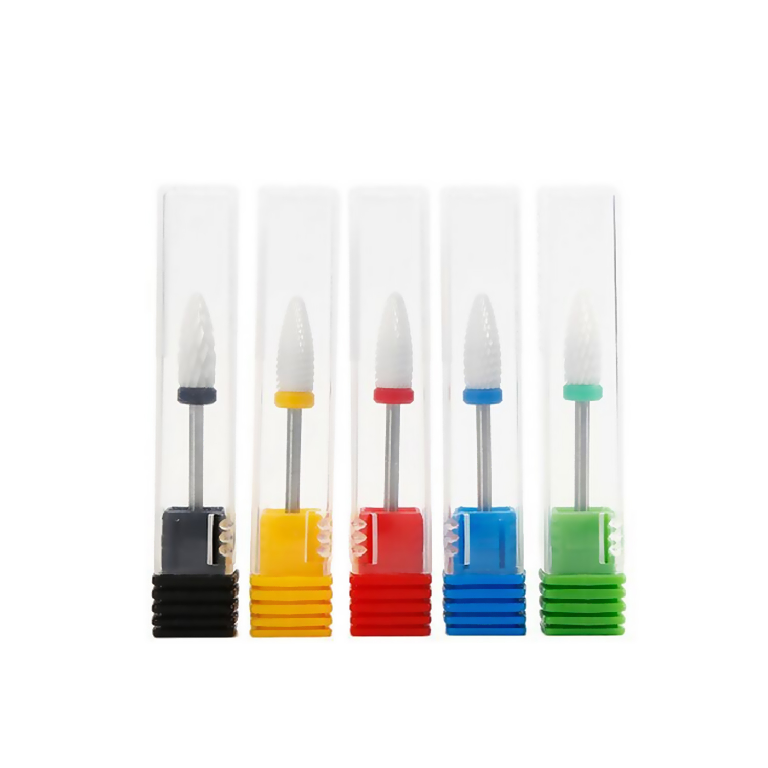 Cinco brocas para uñas en estuches de plástico transparente, cada una con banda de color.