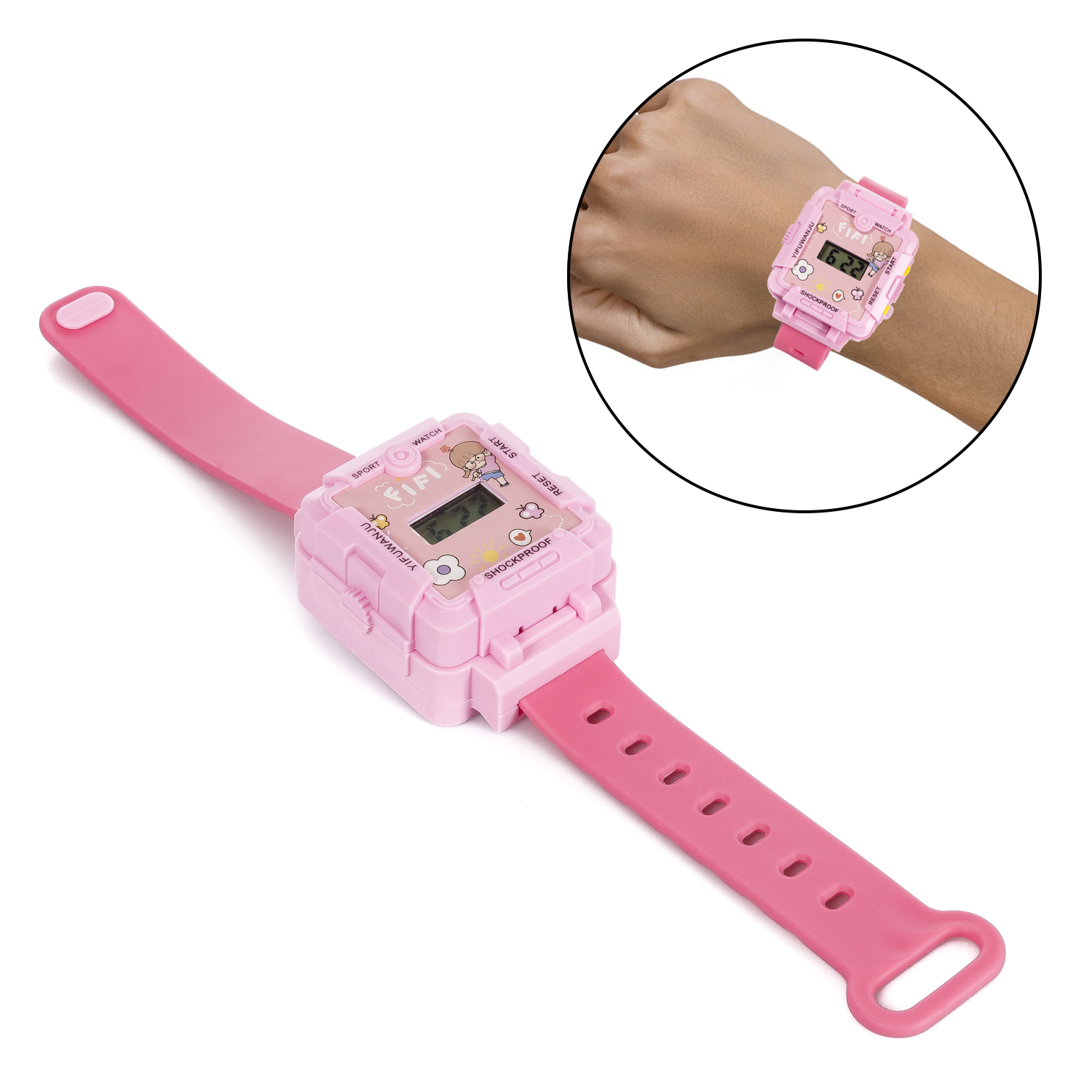 Orologio rosa per bambini su sfondo bianco. L'orologio è quadrato e ha un design a orsetto.