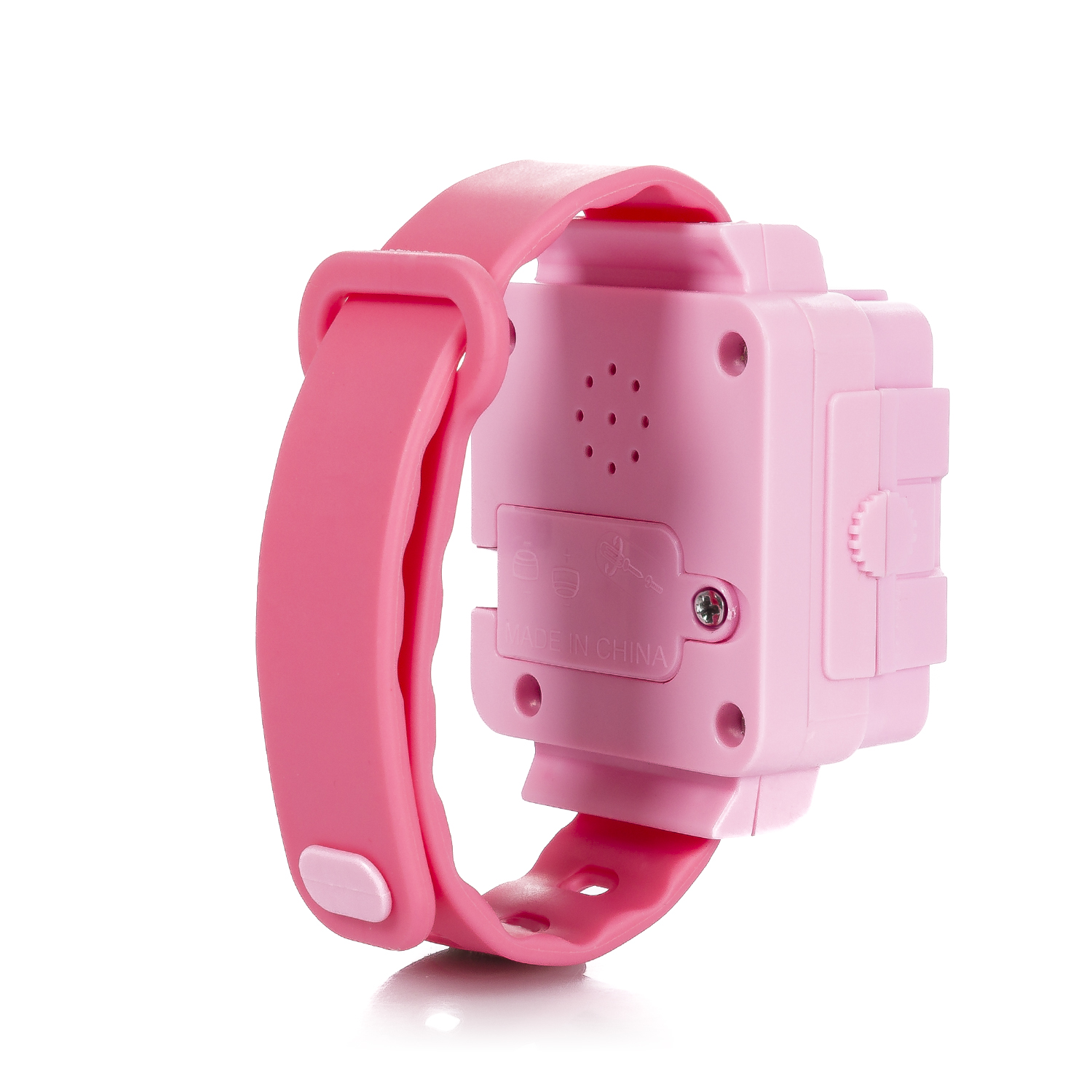 Uno smartwatch rosa con cinturino rosa, mostrato su sfondo bianco.