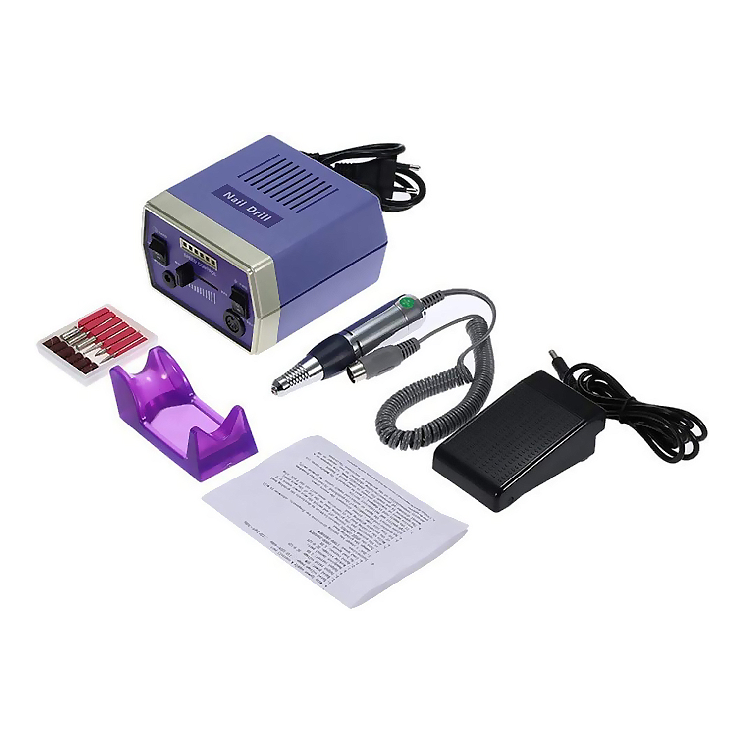 Trapano per unghie con accessori. Include un supporto viola, punte e un pedale.