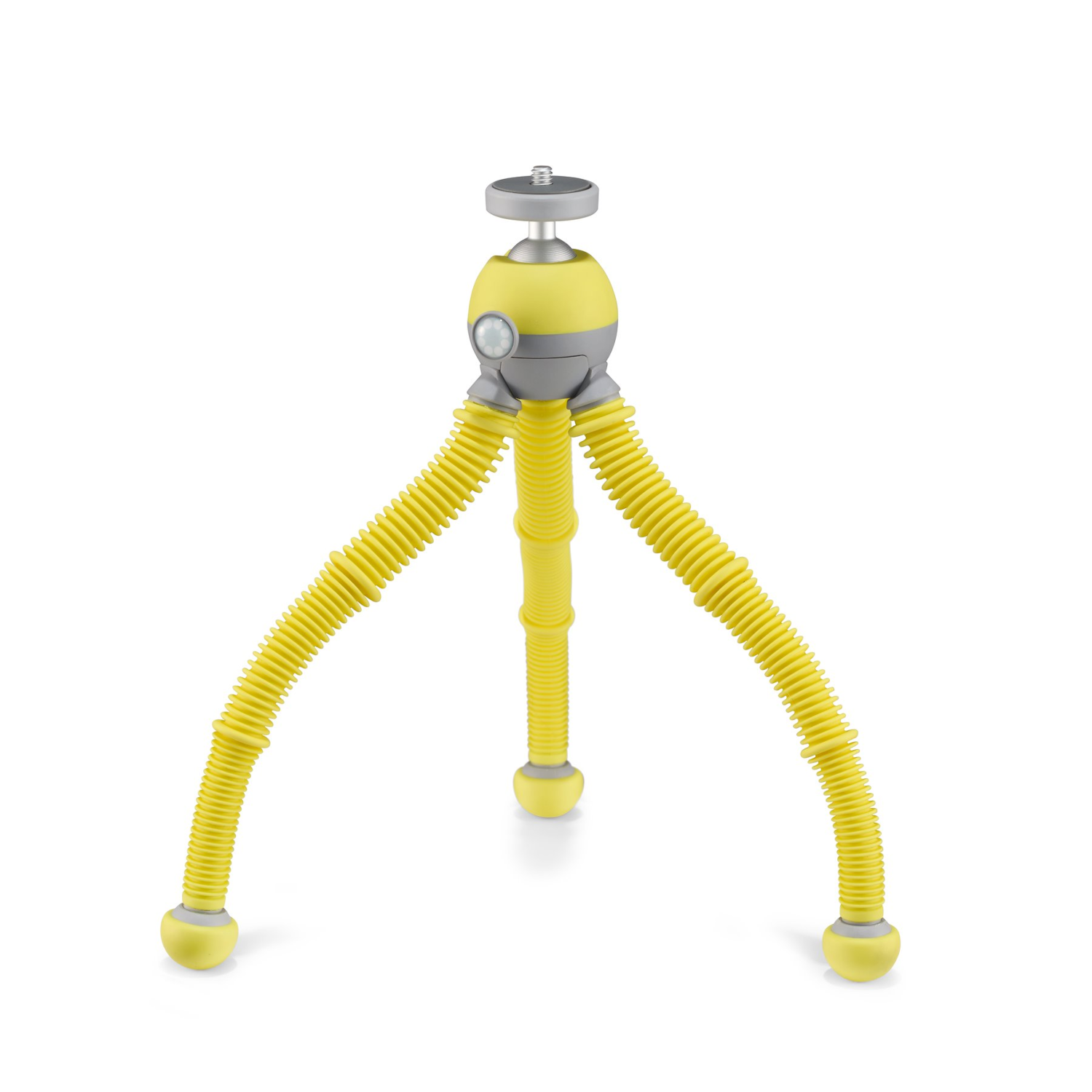 Trípode amarillo con patas flexibles. Tiene cabeza y pies grises, sobre fondo blanco.