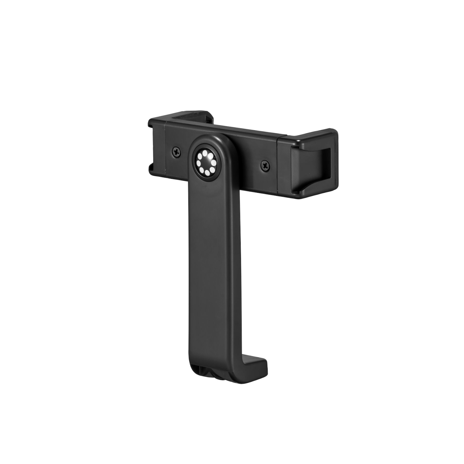 Ein schwarzer Telefonhalter mit verstellbarem Arm. Das Bild ist vor weißem Hintergrund.