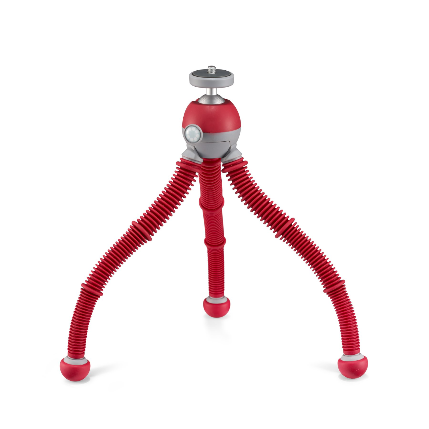 Ein rotes Stativ mit flexiblen Beinen und einem roten Kopf, auf weißem Hintergrund.