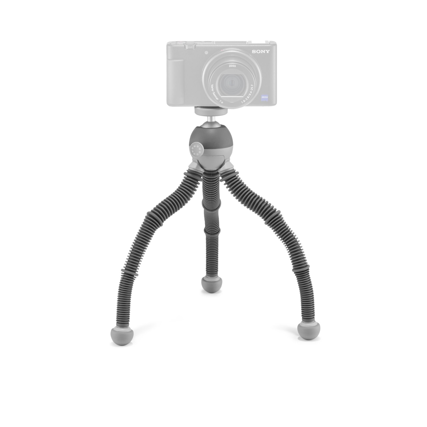 Trépied pour appareil photo. Pieds flexibles, base grise, avec un appareil photo dessus. Fond blanc.