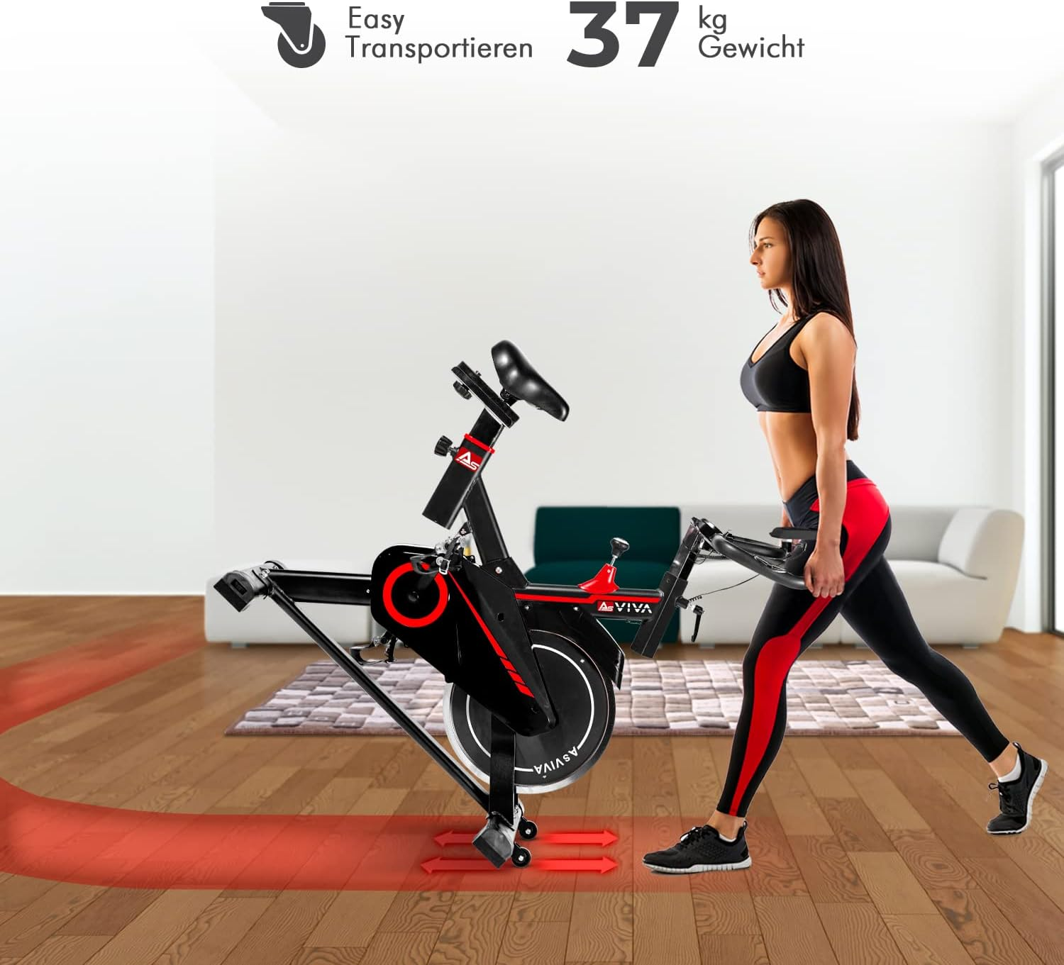 Eine Frau trainiert auf einem Heimtrainer. Das Bild zeigt das Fahrrad und die Frau mit roten Akzenten.