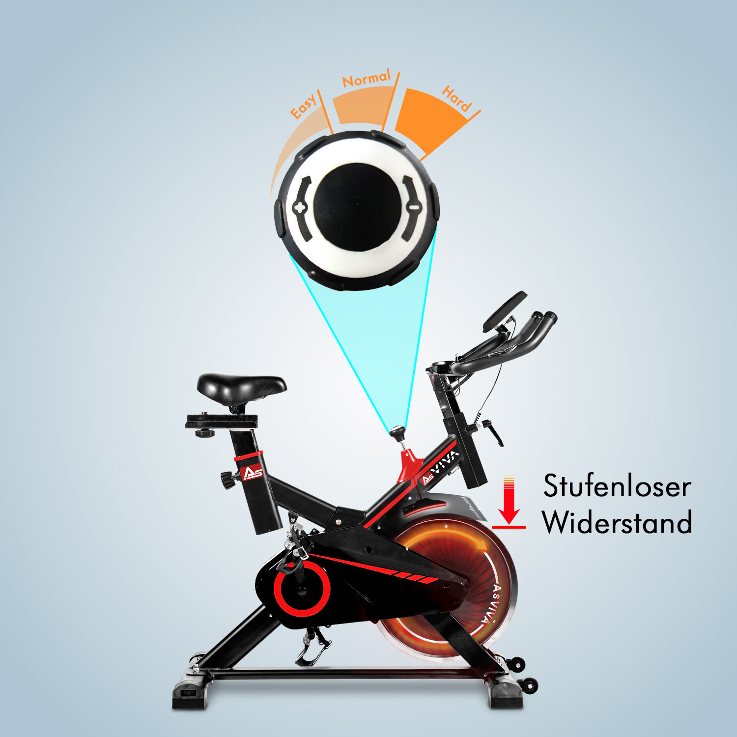 Stationäres Trainingsfahrrad mit Steuerungspanel-Illustration und rotem Pfeil.