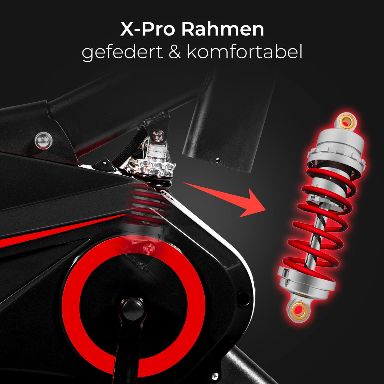 Nahaufnahme einer roten Feder und des Rahmens eines schwarzen Heimtrainers. Der Rahmen wird hervorgehoben.
