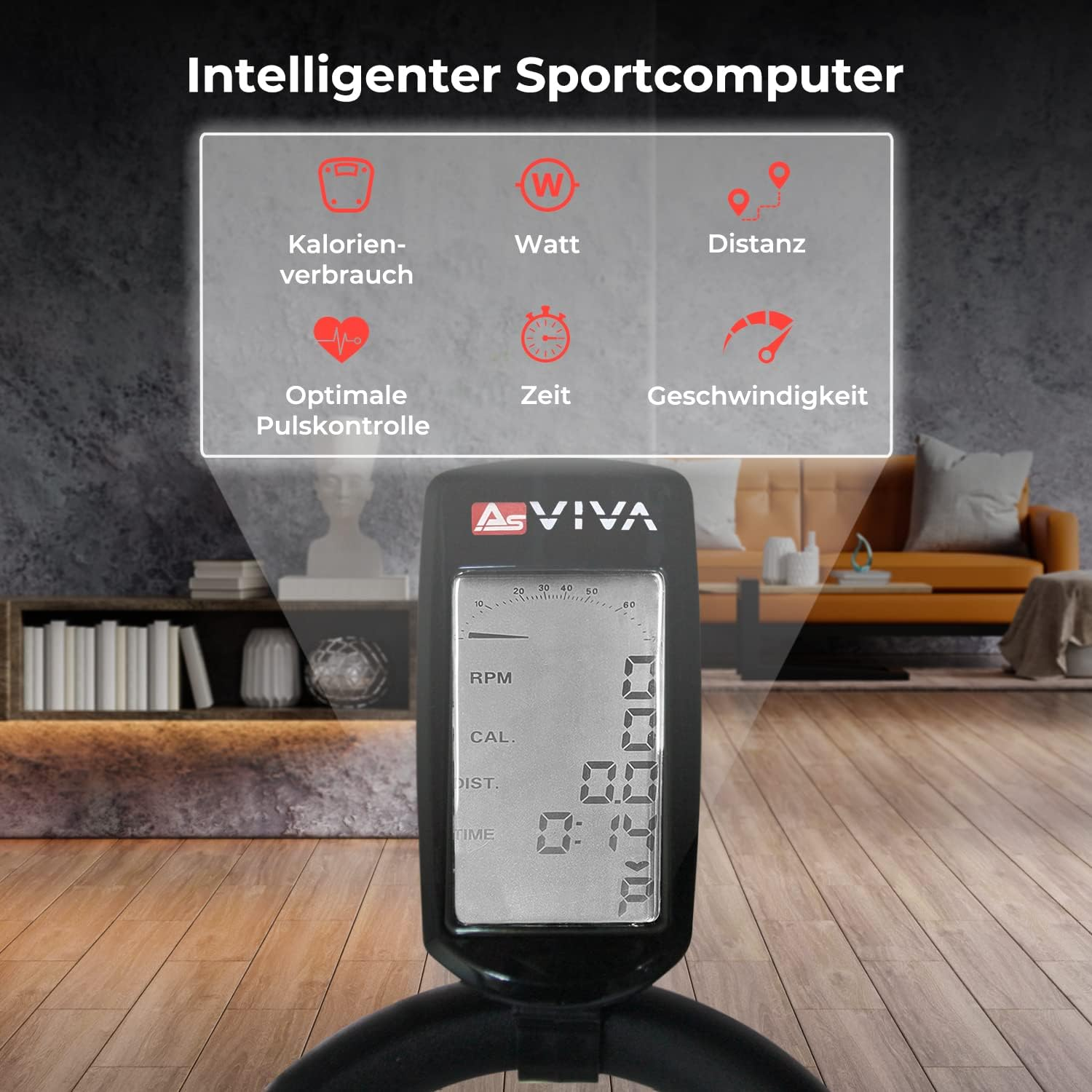 Sportcomputer-Display mit Metriken wie Kalorien, Watt und Geschwindigkeit.