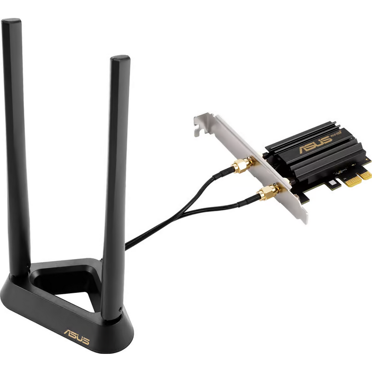 Antena Wi-Fi ASUS negra y una tarjeta de red con dos antenas conectadas. Logotipo de ASUS visible.