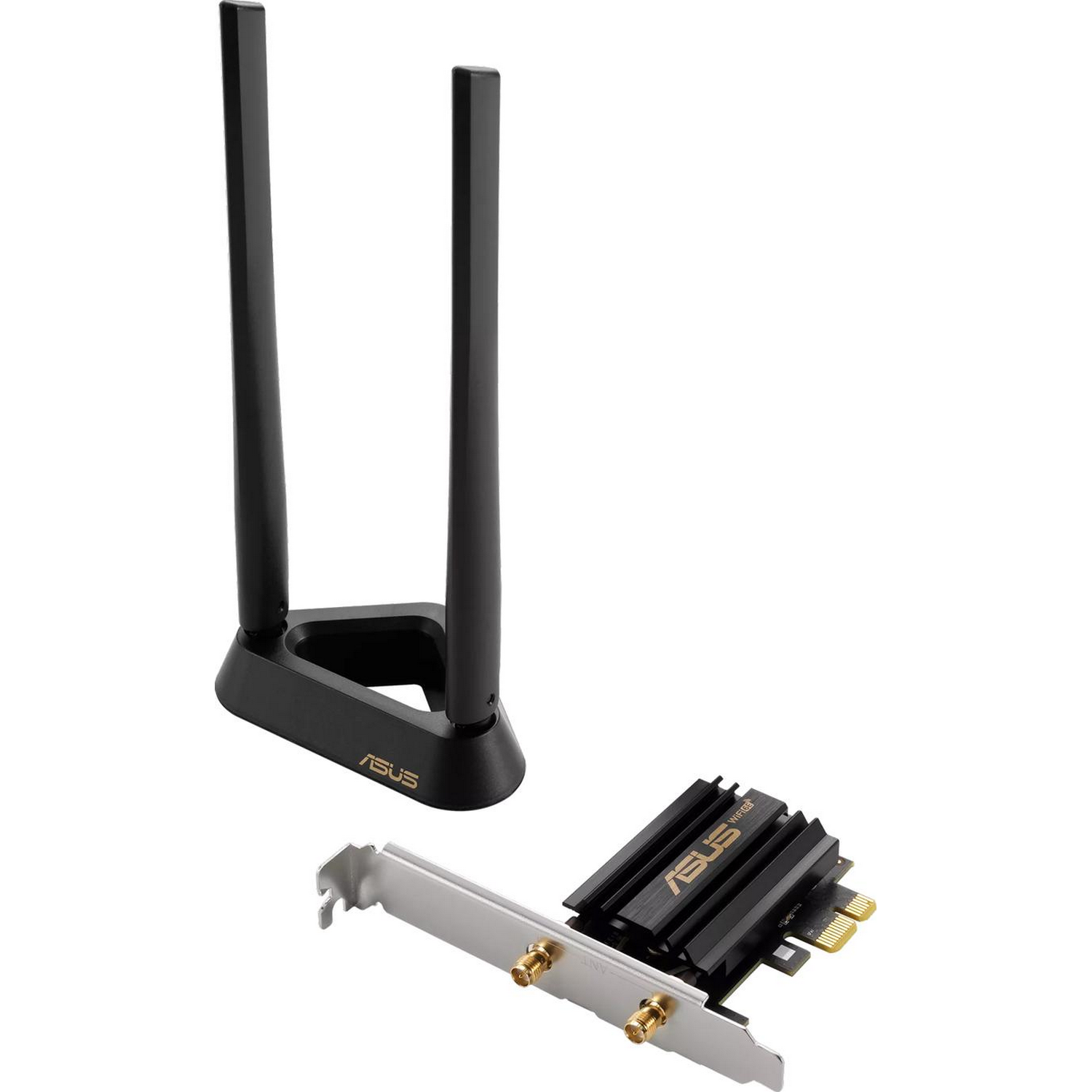 Antena wifi Asus con base y tarjeta wifi. Color negro. Fondo blanco.