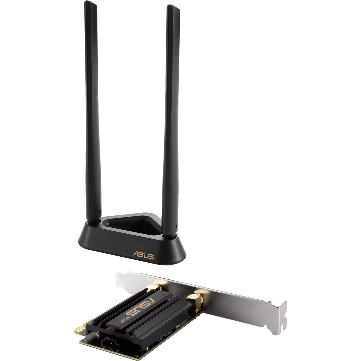 Dos antenas negras conectadas a una tarjeta con la palabra ASUS.