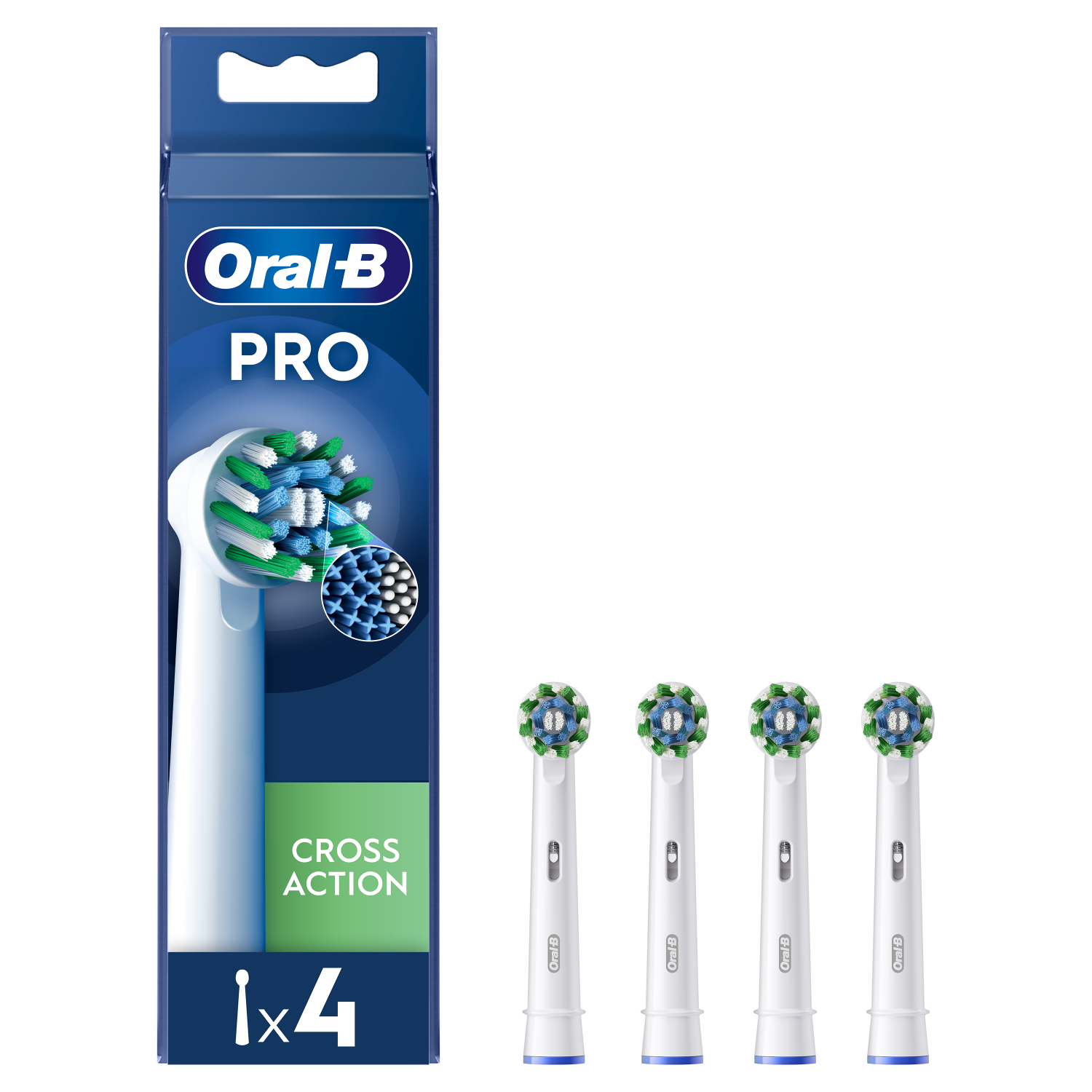 Packung mit Oral-B Pro Cross Action Zahnbürstenköpfen mit 4 sichtbaren Köpfen.