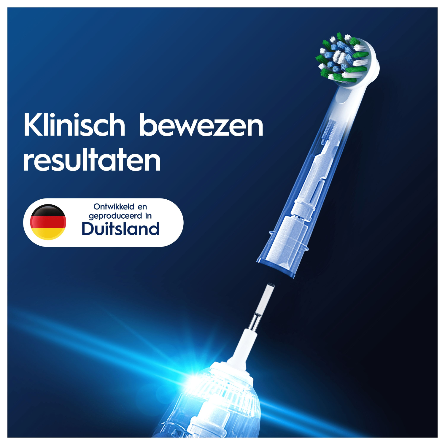 Elektrische Zahnbürstenteile, mit Text auf Deutsch. Blauer Hintergrund mit weißem Text.