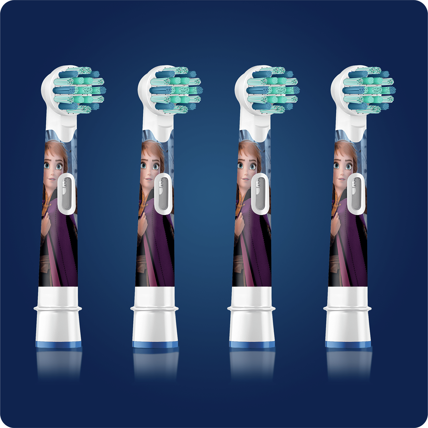 Cuatro cabezales de cepillo de dientes Oral-B con la imagen de Anna de Frozen, sobre un fondo azul.