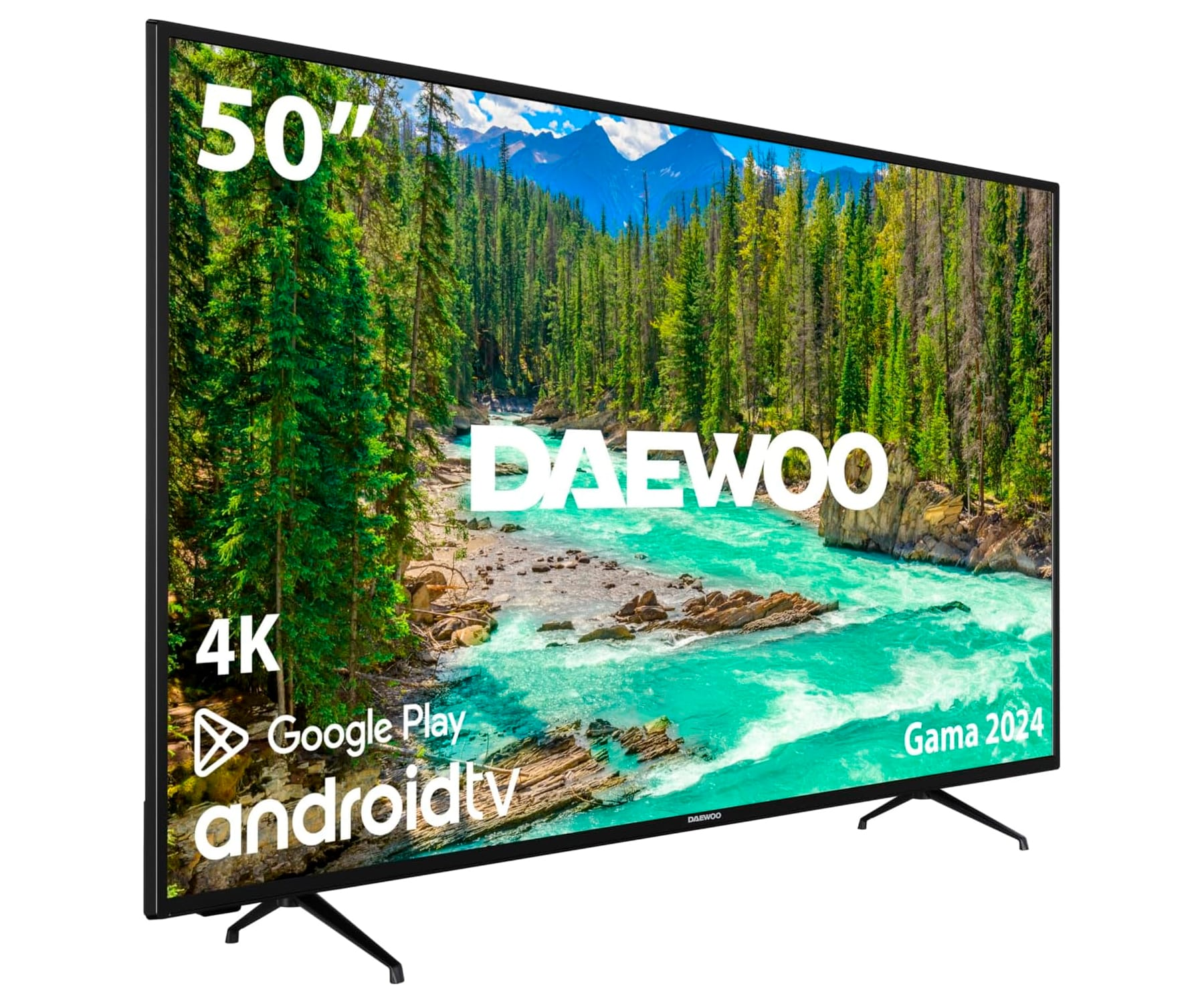 Televisor Daewoo de 50 pulgadas mostrando una escena de bosque y río. Etiquetas 4K y Androidtv.