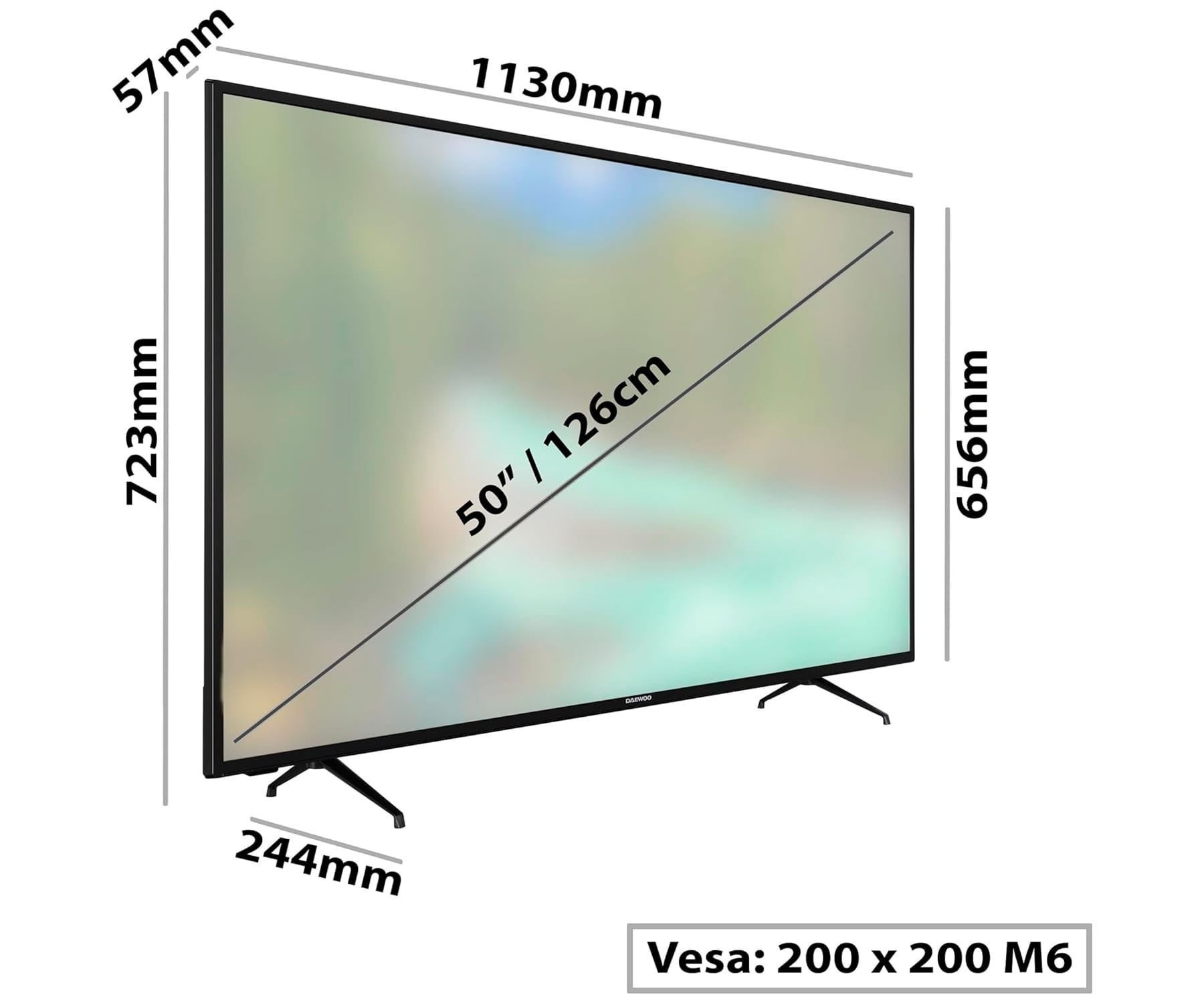 TV de 50 pulgadas con dimensiones e información Vesa, sobre fondo blanco.
