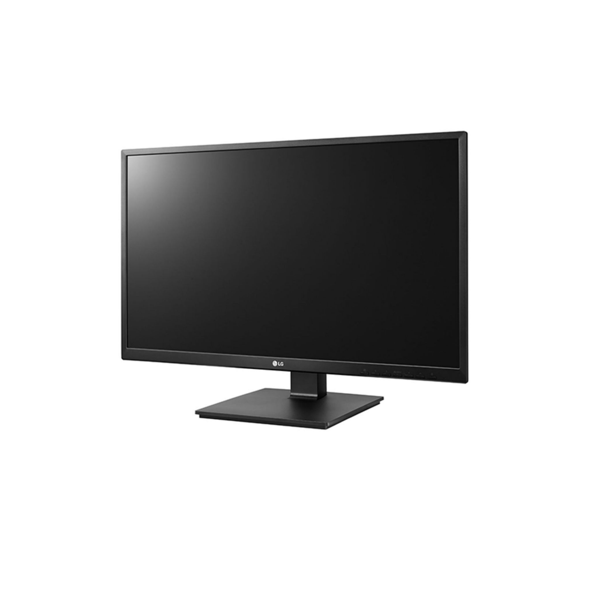Un monitor de ordenador negro con soporte negro, sobre fondo blanco.