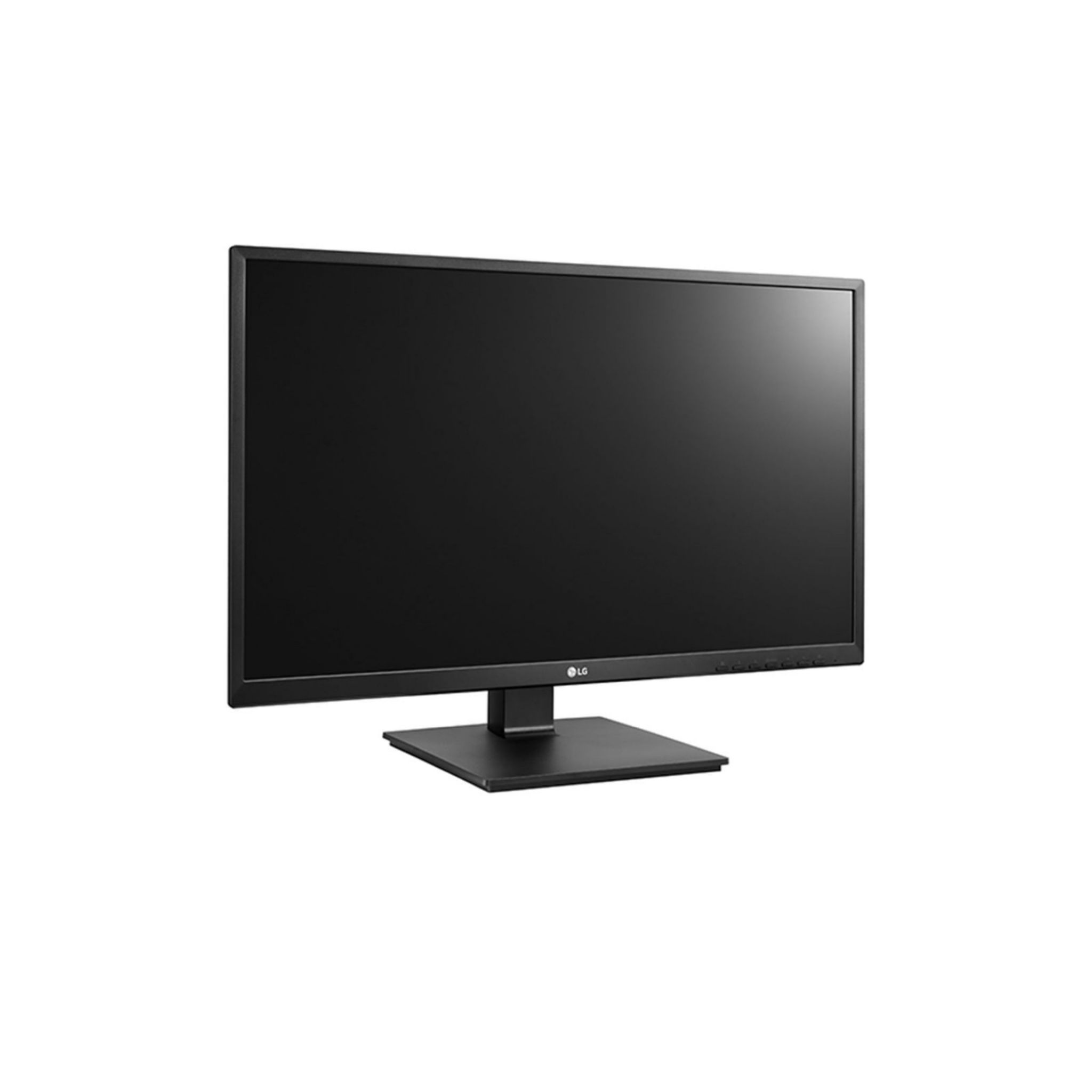 Monitor de computadora negro con marco negro, sobre un soporte negro.