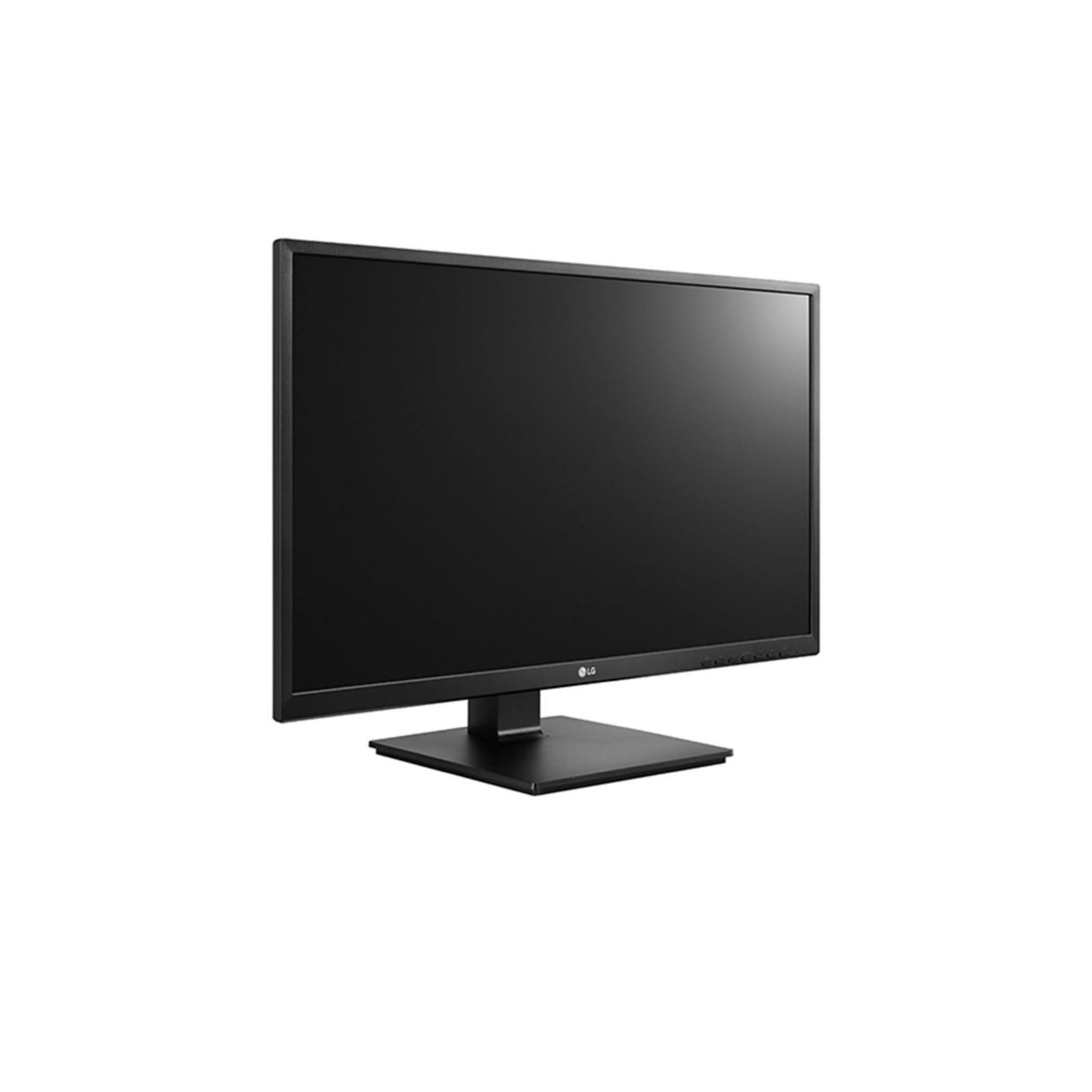 Un monitor de computadora LG negro se muestra sobre un fondo blanco. La pantalla está en blanco.