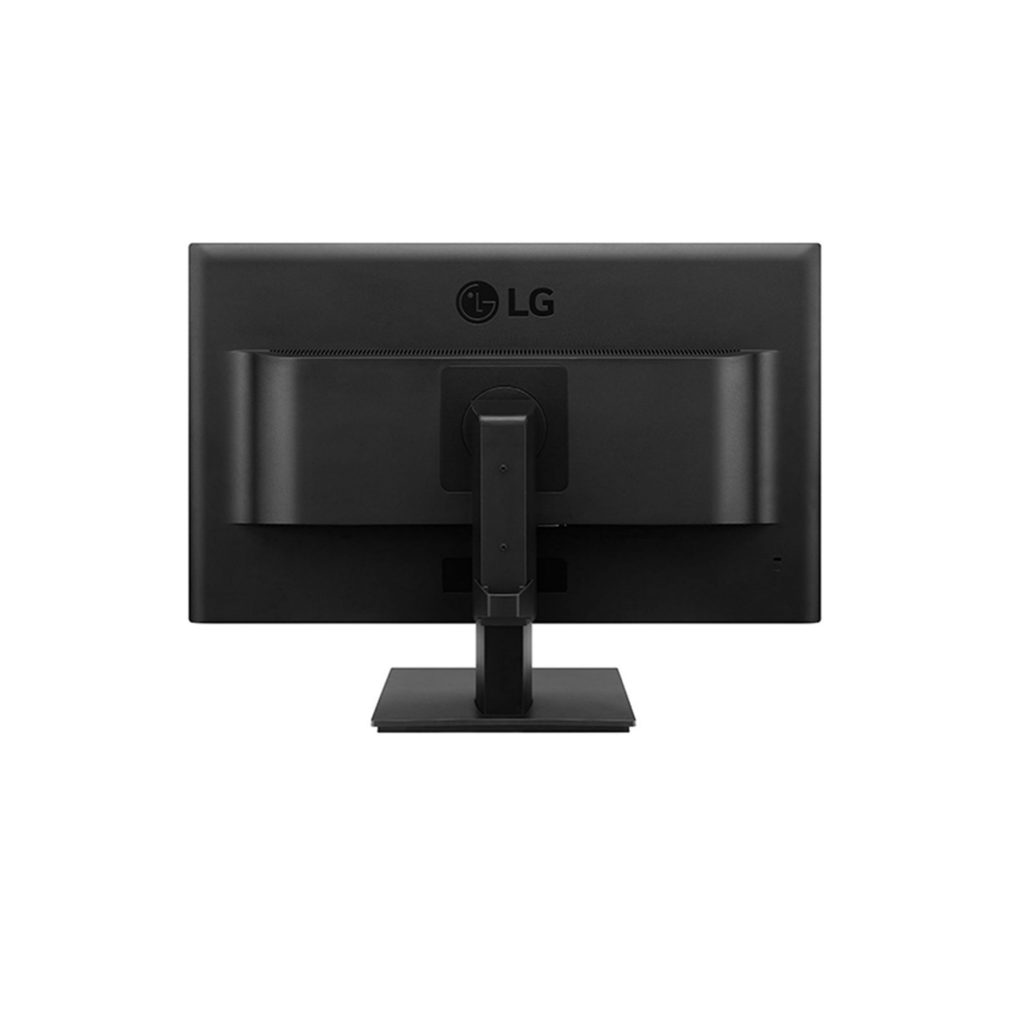 Vista trasera de un monitor de computadora negro sobre fondo blanco. El logotipo de LG es visible.