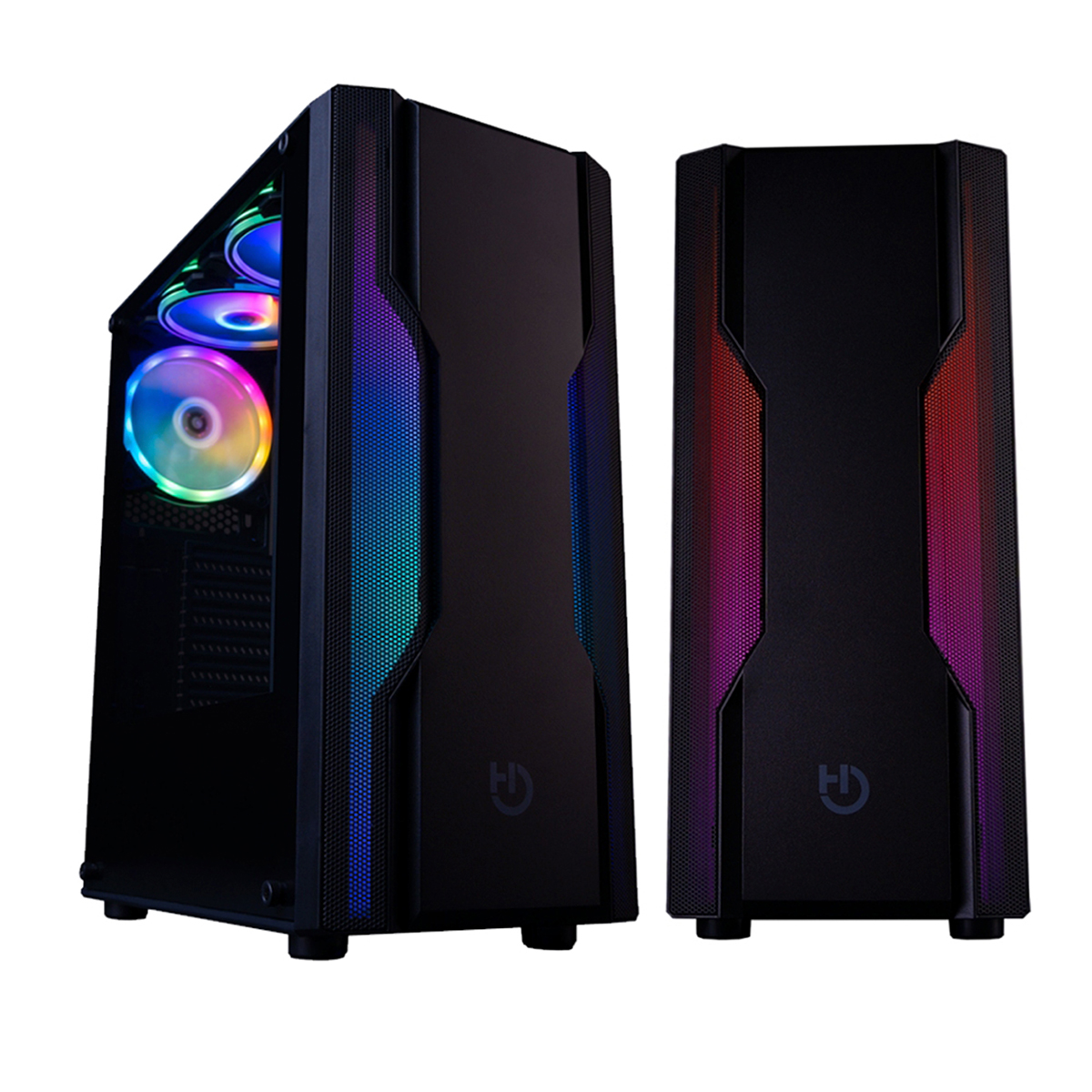Dos cajas de computadora negras con luces coloridas dentro y al frente. Las cajas están una al lado de la otra.
