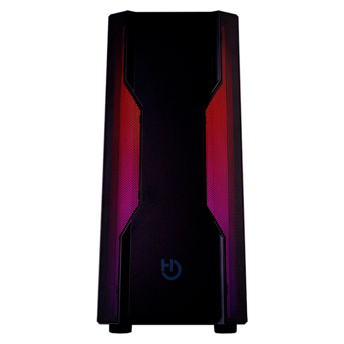 Una caja de ordenador negra con luces rojas y moradas. El logo H es visible.