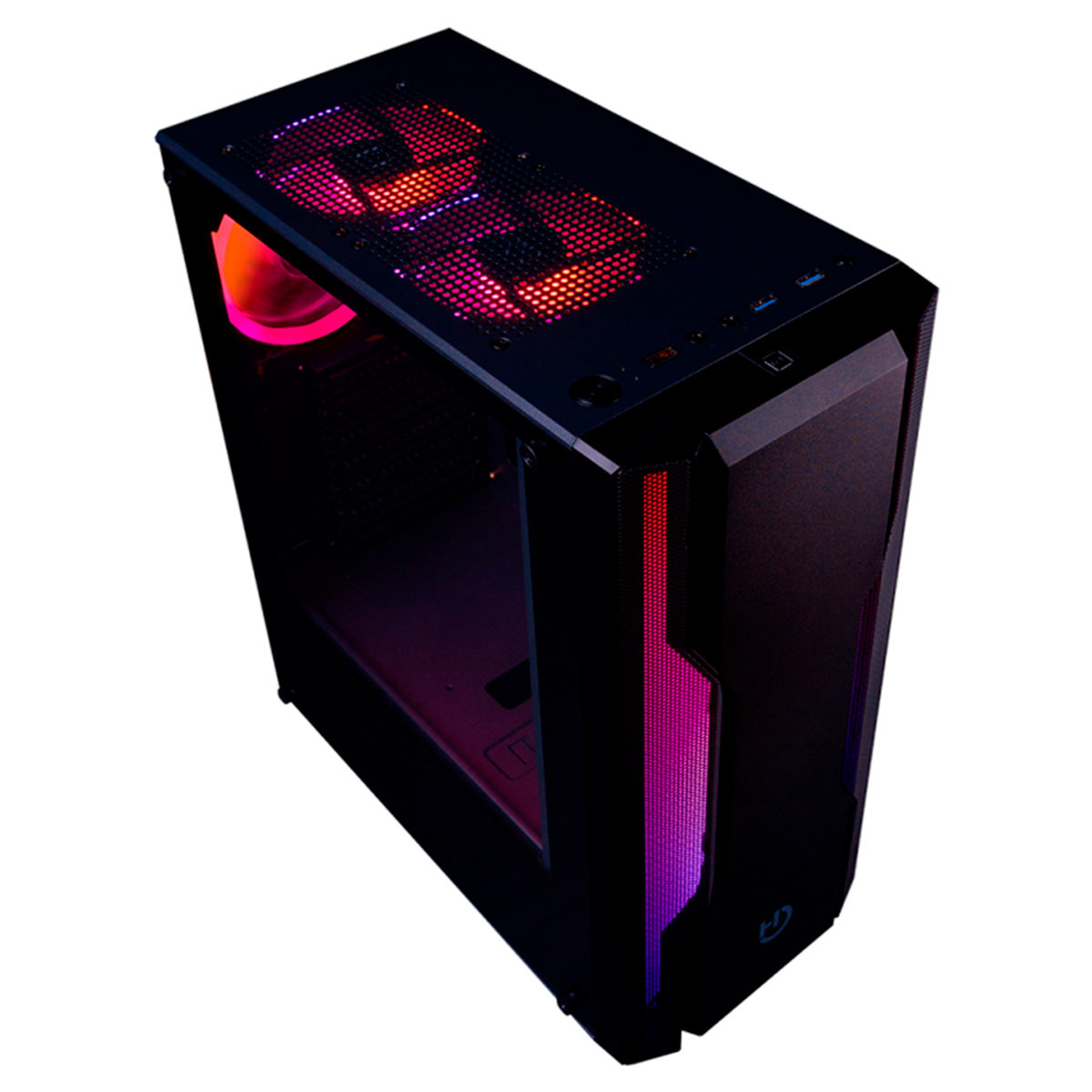 Una caja de computadora con un panel lateral de vidrio. Tiene ventiladores con luces rojas y moradas.