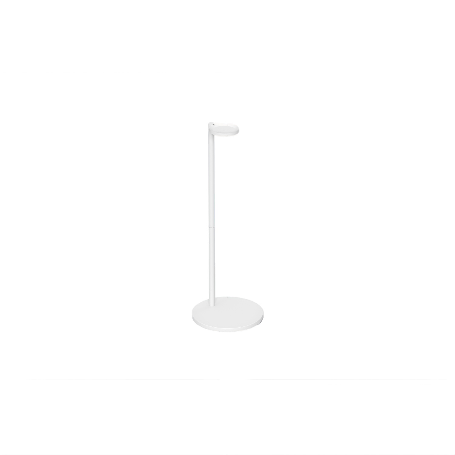 Eine weiße, minimalistische Stehlampe auf rundem Sockel. Sie hat ein einzelnes, nach oben gerichtetes Licht.