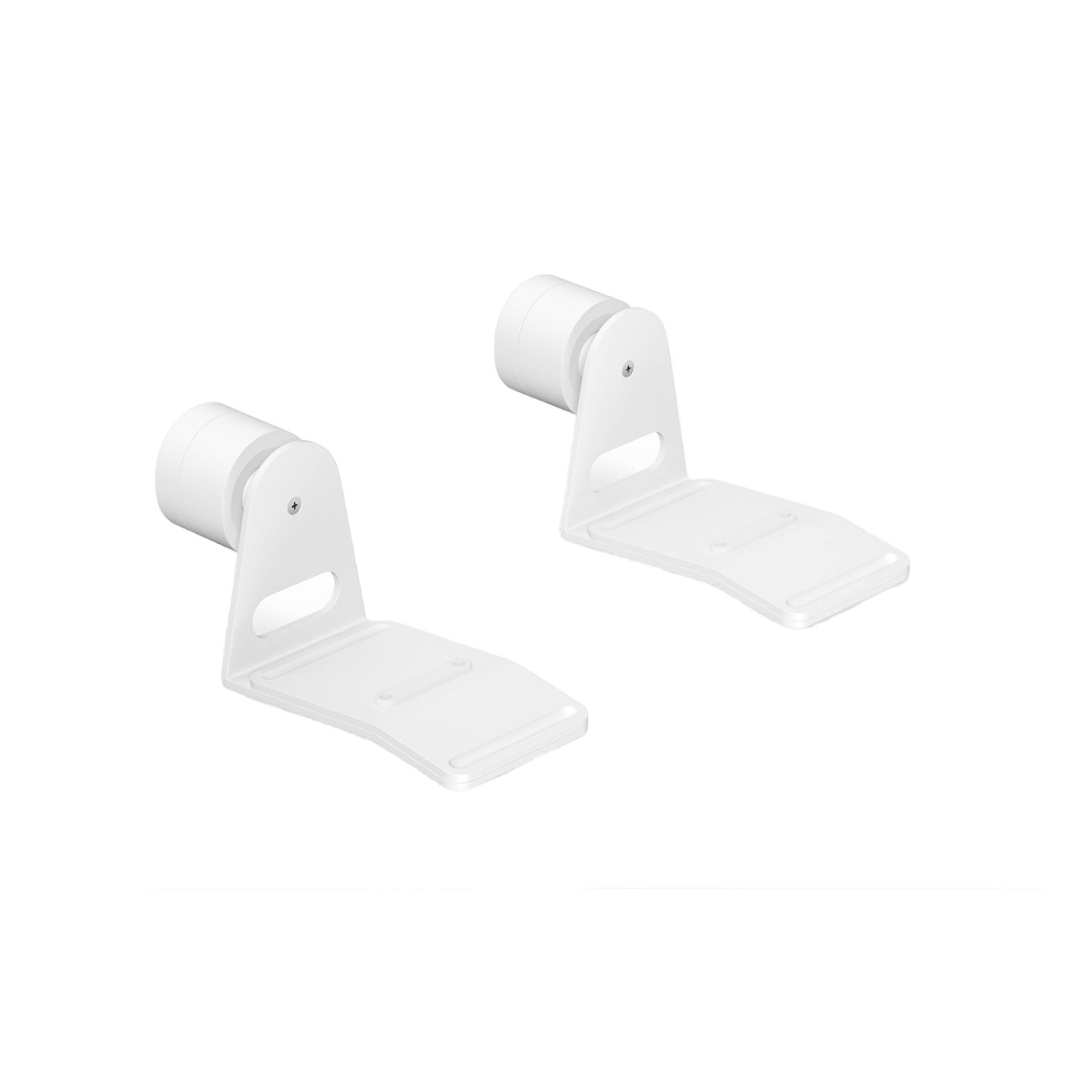 Dos soportes de pared blancos para altavoces, angulados con base curva y parte superior cilíndrica.