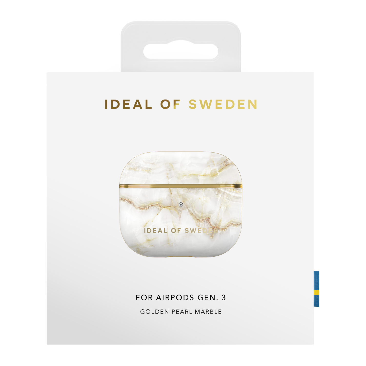 Weißes AirPods-Etui in einer Box mit goldenem Text: IDEAL OF SWEDEN. Golden Pearl Marble.