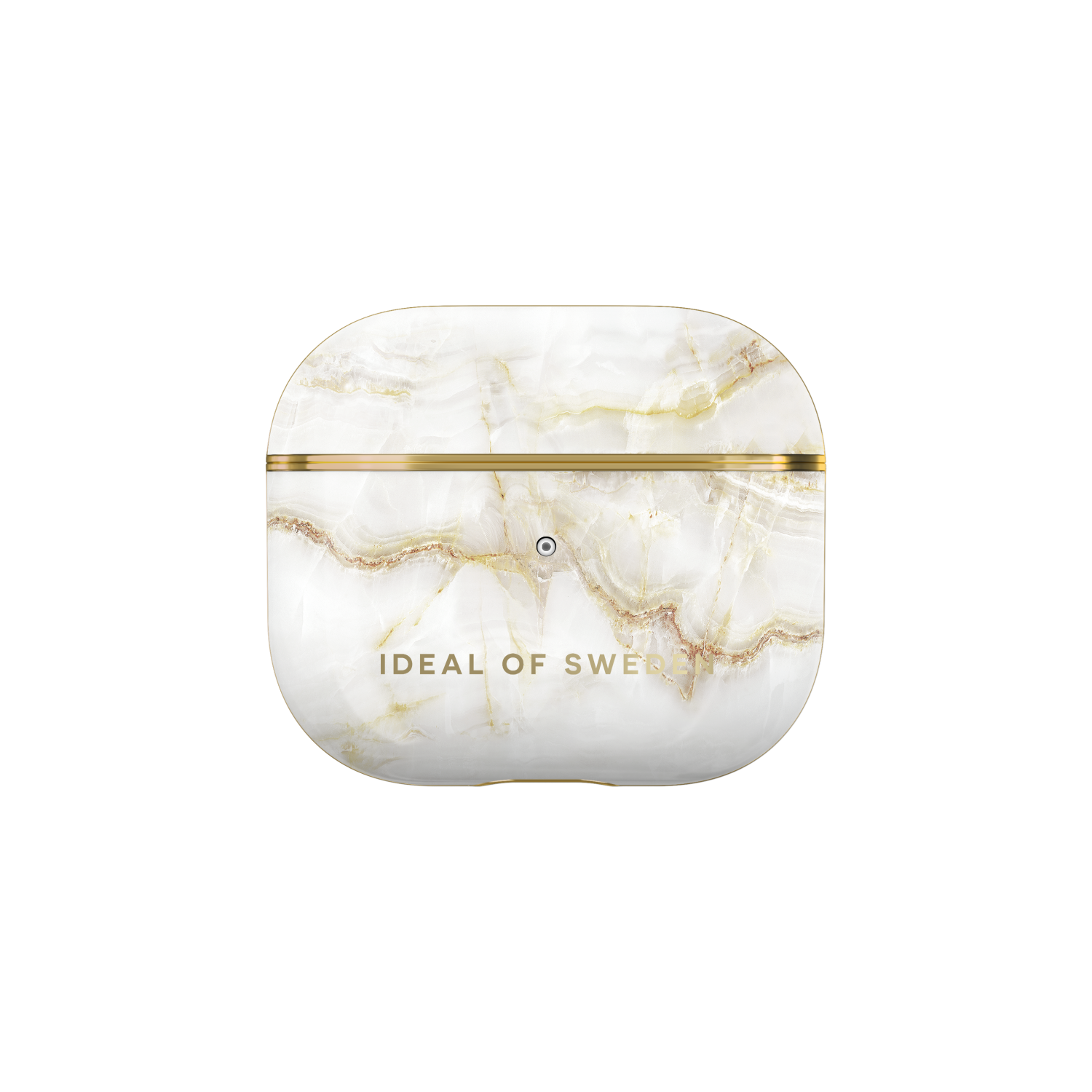 Ein weißes, marmoriertes AirPods-Case mit goldfarbenem Besatz und den Worten 'IDEAL OF SWEDEN' in Gold.