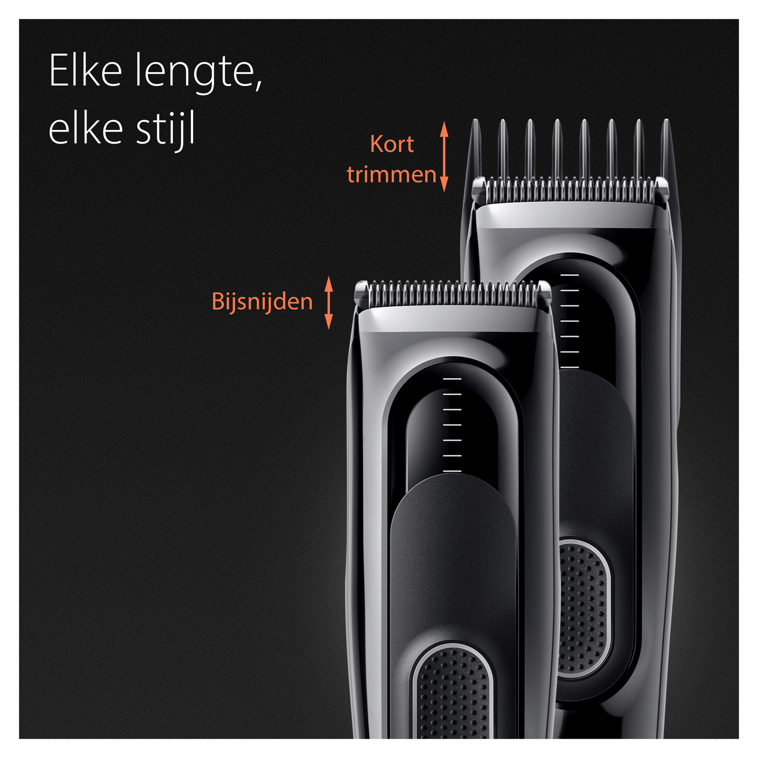 Dos cortapelos eléctricos negros con diferentes longitudes de corte sobre fondo oscuro.