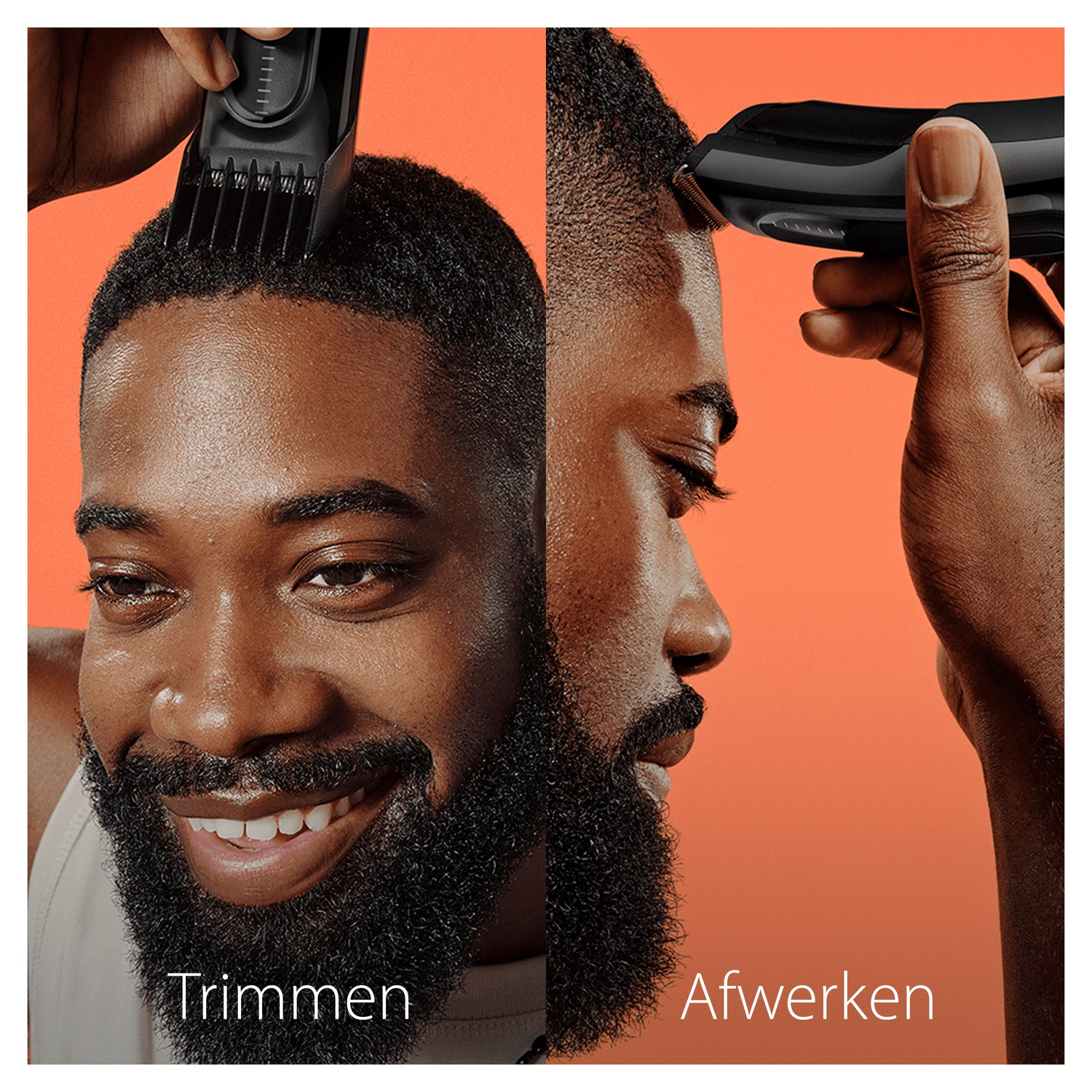 Dos imágenes una al lado de la otra; un hombre recorta su cabello con una recortadora y luego se afeita la barba.
