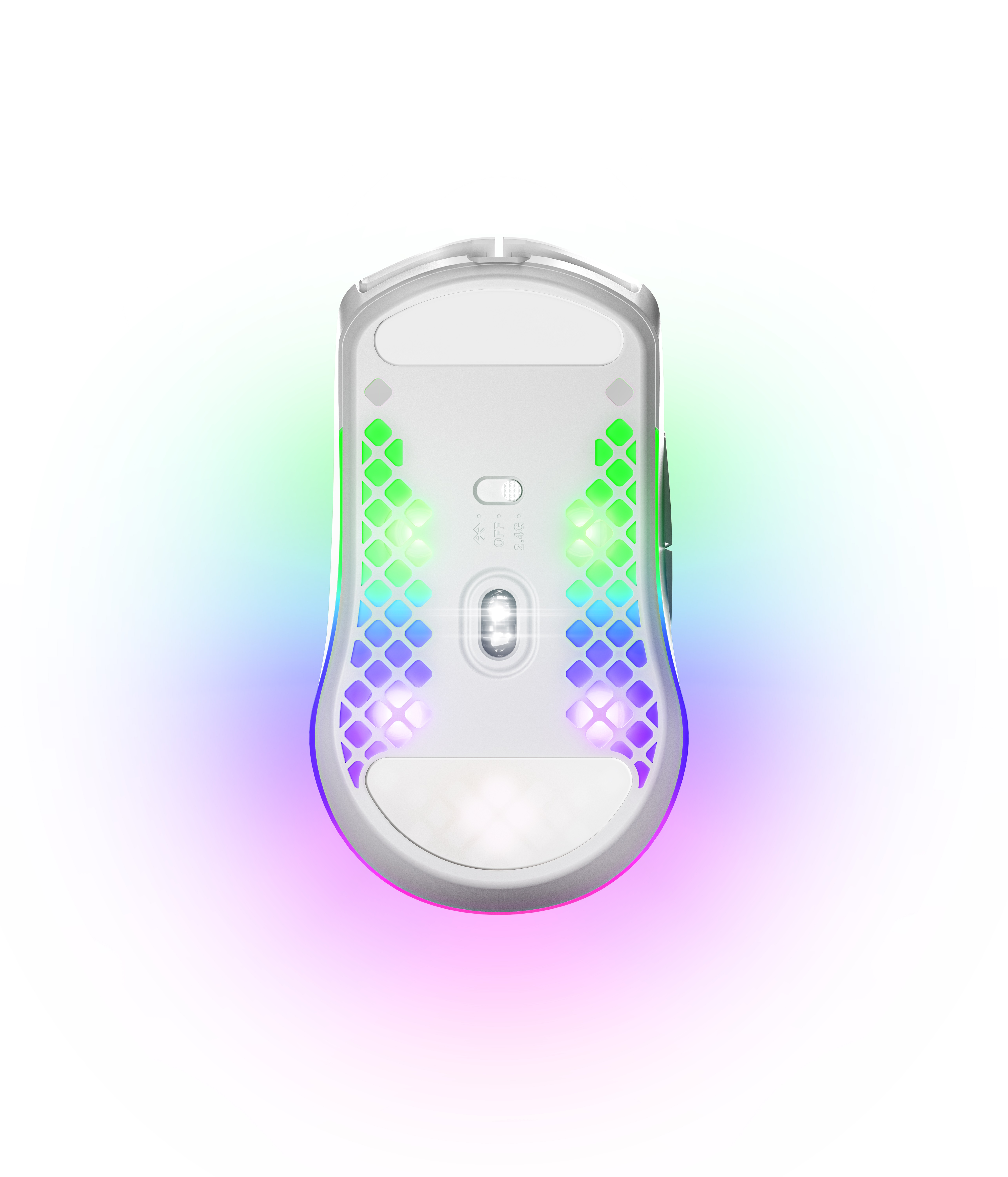 Weiße Gaming-Maus mit bunten RGB-Lichtern darunter. Die Maus hat ein Wabenmuster und ein Scrollrad.
