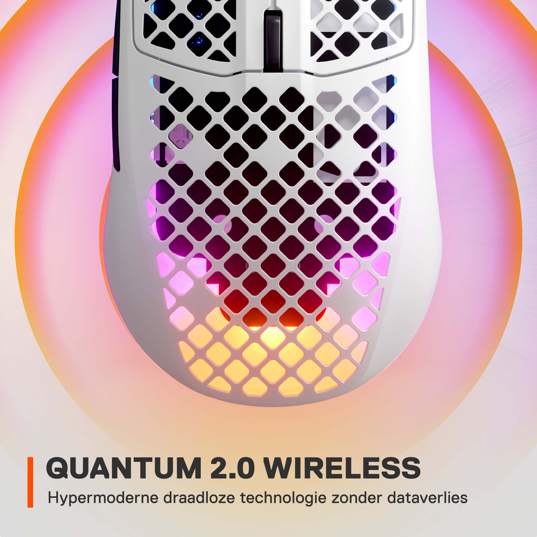 Eine weiße Gaming-Maus mit Wabenmuster und bunten Lichtern. Text: QUANTUM 2.0 WIRELESS.