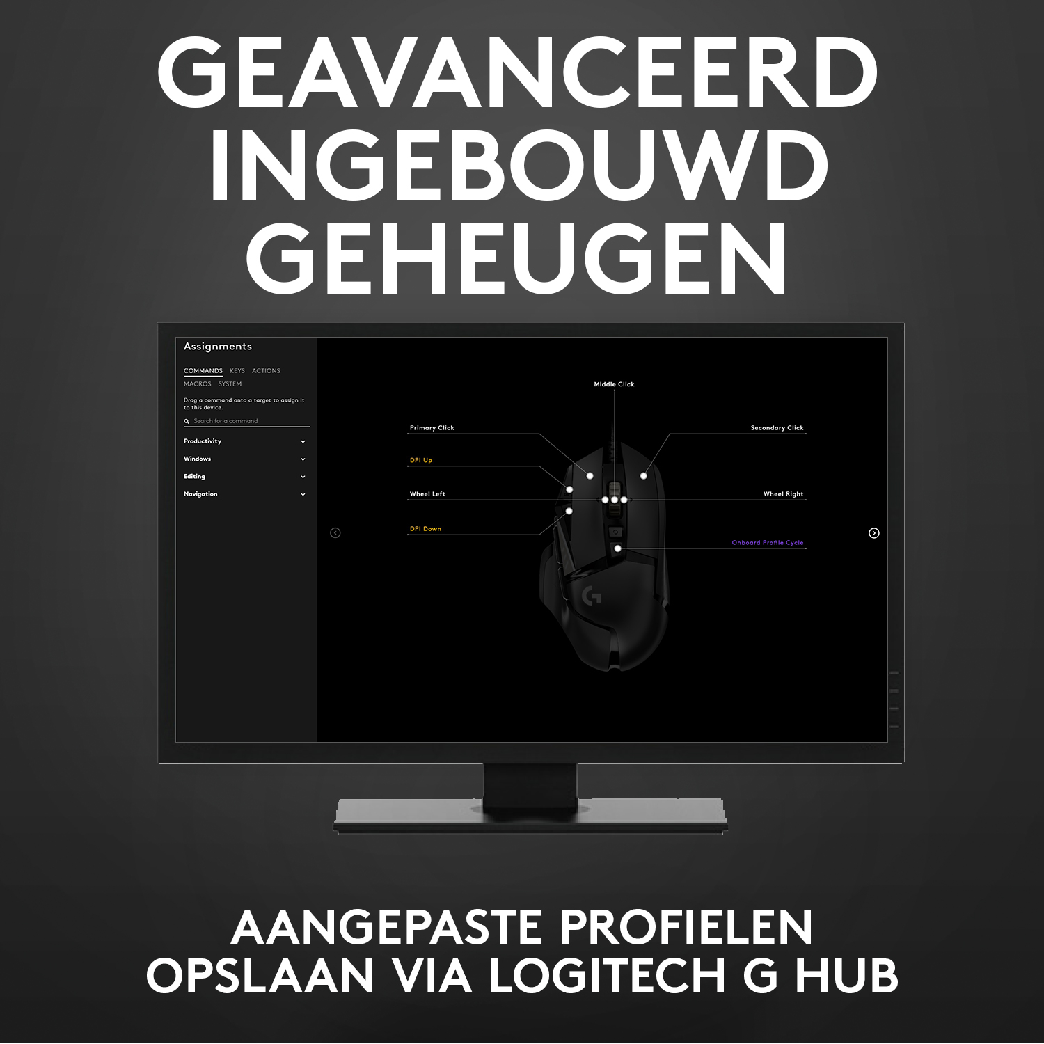 Czarny ekran monitora wyświetlający mysz komputerową i jej ustawienia, z białym tekstem. Ma podstawkę.