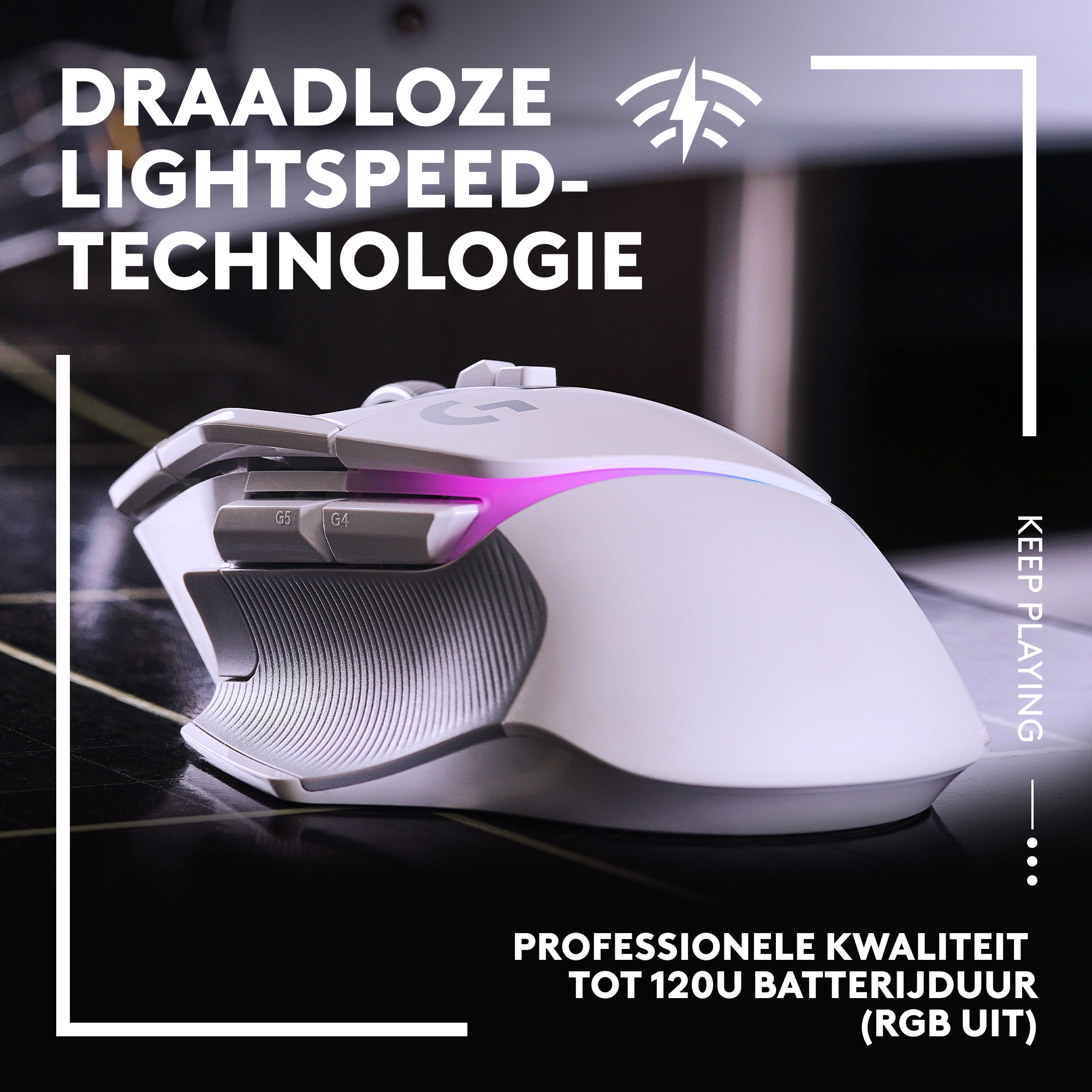 Biała i szara mysz do gier z różowym i fioletowym podświetleniem. Tekst na górze.