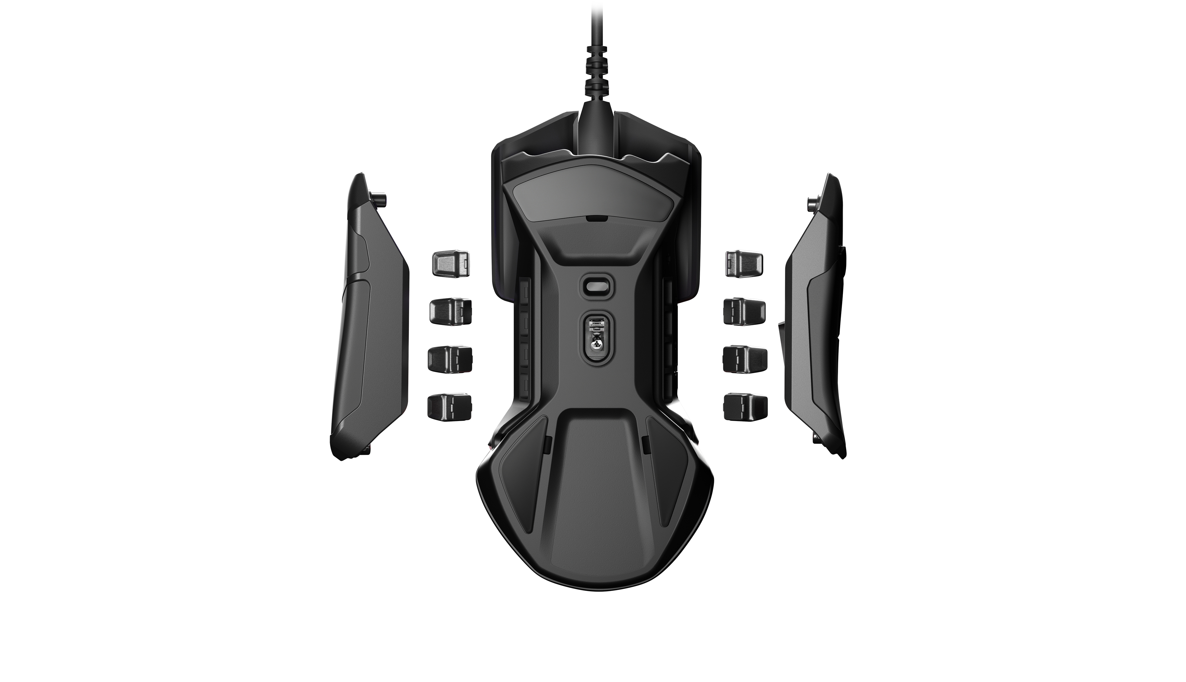 Gaming-Maus, zerlegt. Seitentasten, Basisteile und Mausteile sind sichtbar.