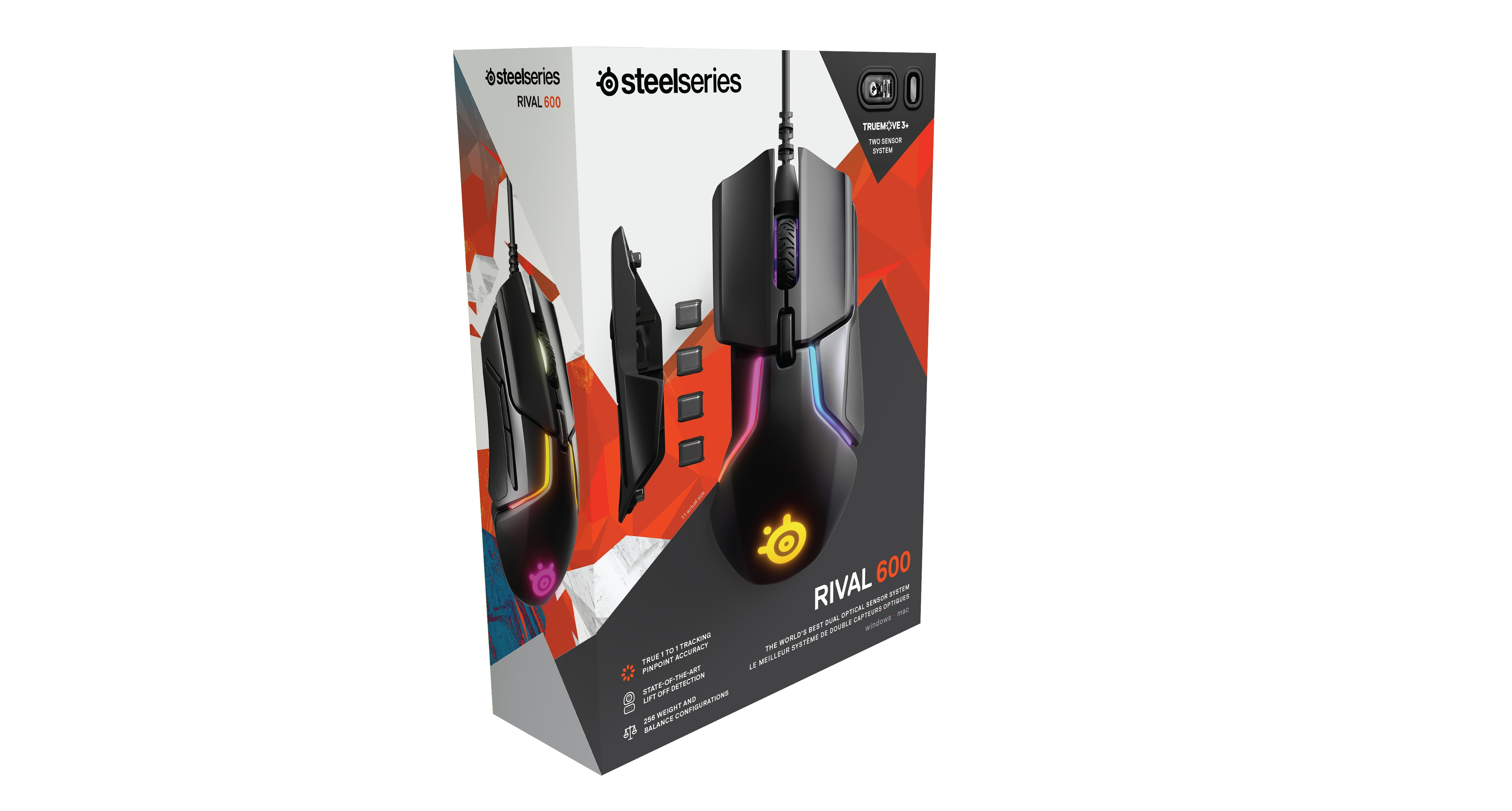 Eine Gaming-Maus in ihrer Box. Die Maus ist schwarz mit RGB-Beleuchtung.
