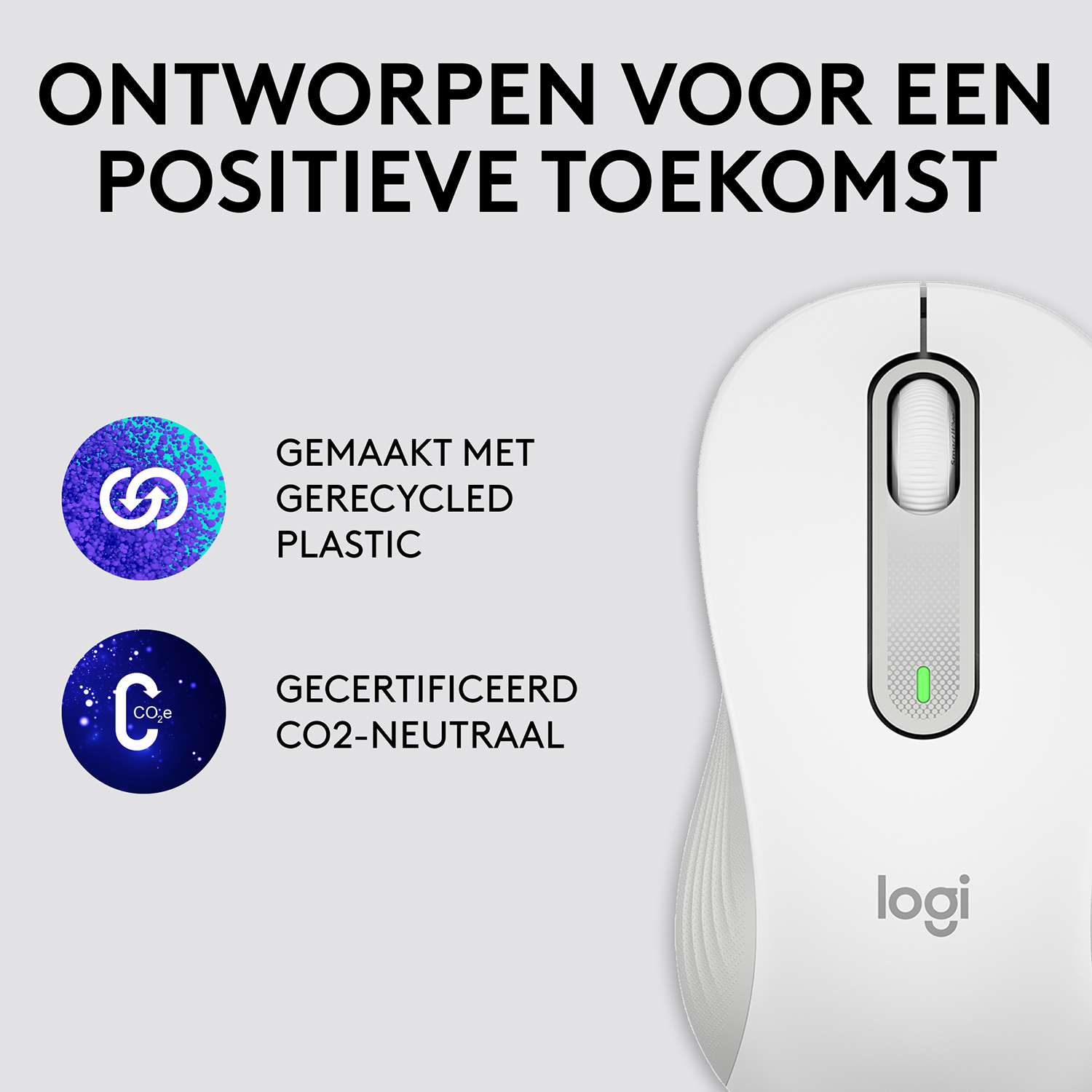 Biała mysz z okrągłymi ikonami i tekstem, promująca materiały pochodzące z recyklingu i neutralne pod względem CO2.